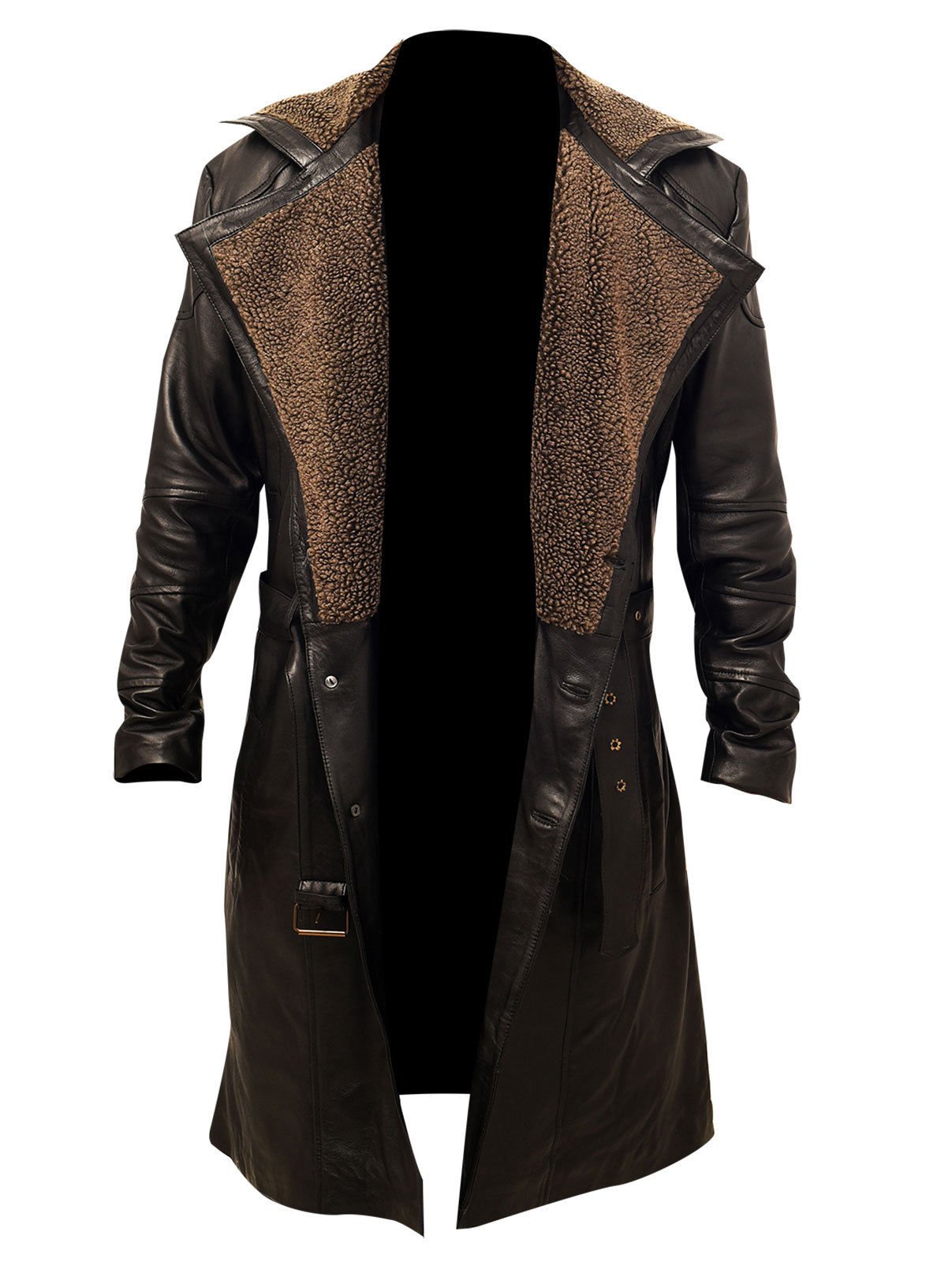Men's Blade Runner 2049 Ryan Gosling Style Faux Fur Lapel Leather Trench Coat - Cyberpunk Fashion, Halloween Costume & Cosplay Outfit
