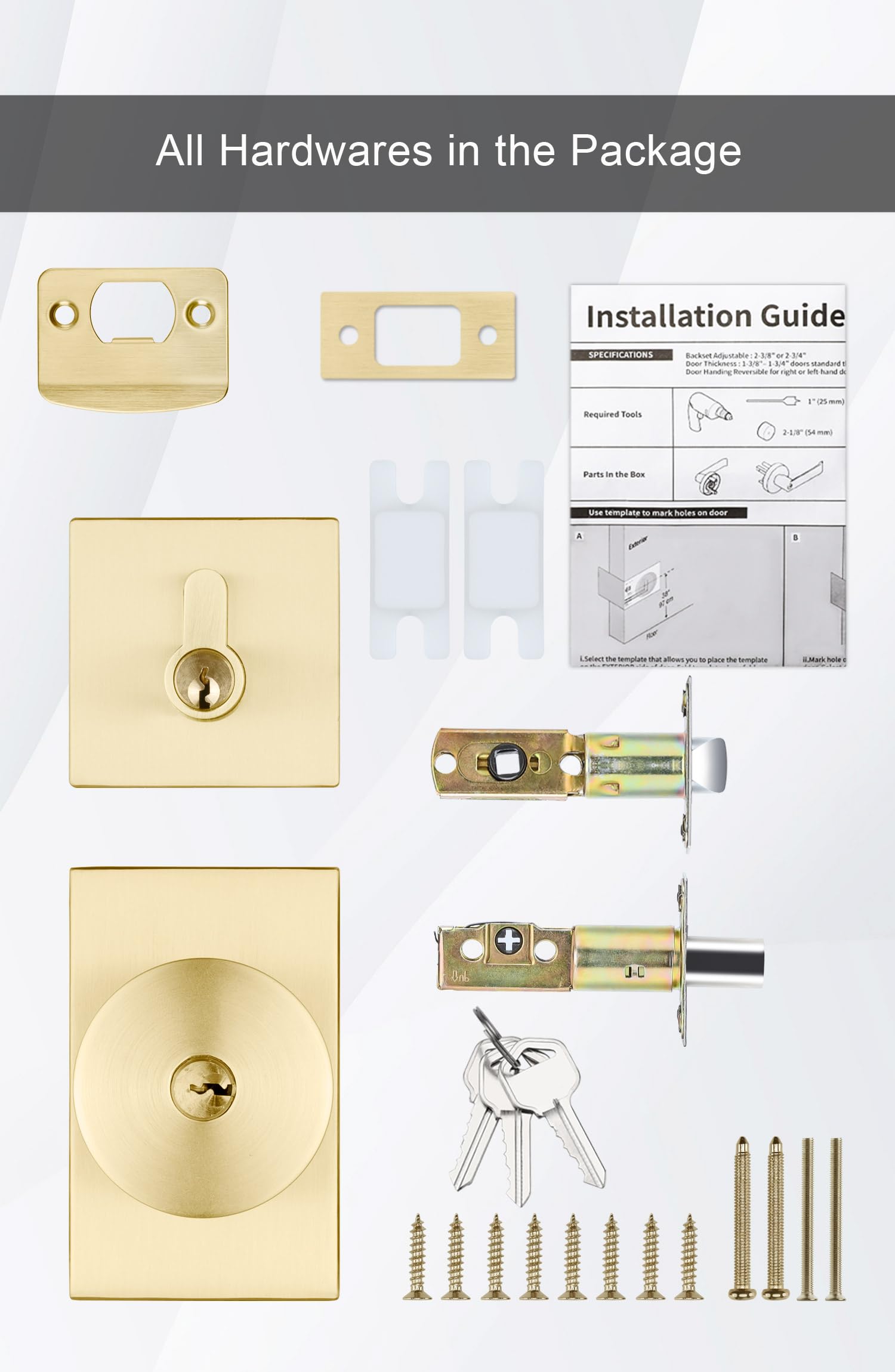 Goldenwarm Brushed Gold Exterior Door Knob with Deadbolt - Heavy Duty Brass Front Entry Door Lock Set (1 Pack) | Contemporary Square Design for Enhanced Home Security & Curb Appeal | Perfect for Front Doors, Back Doors & Patio Entrances