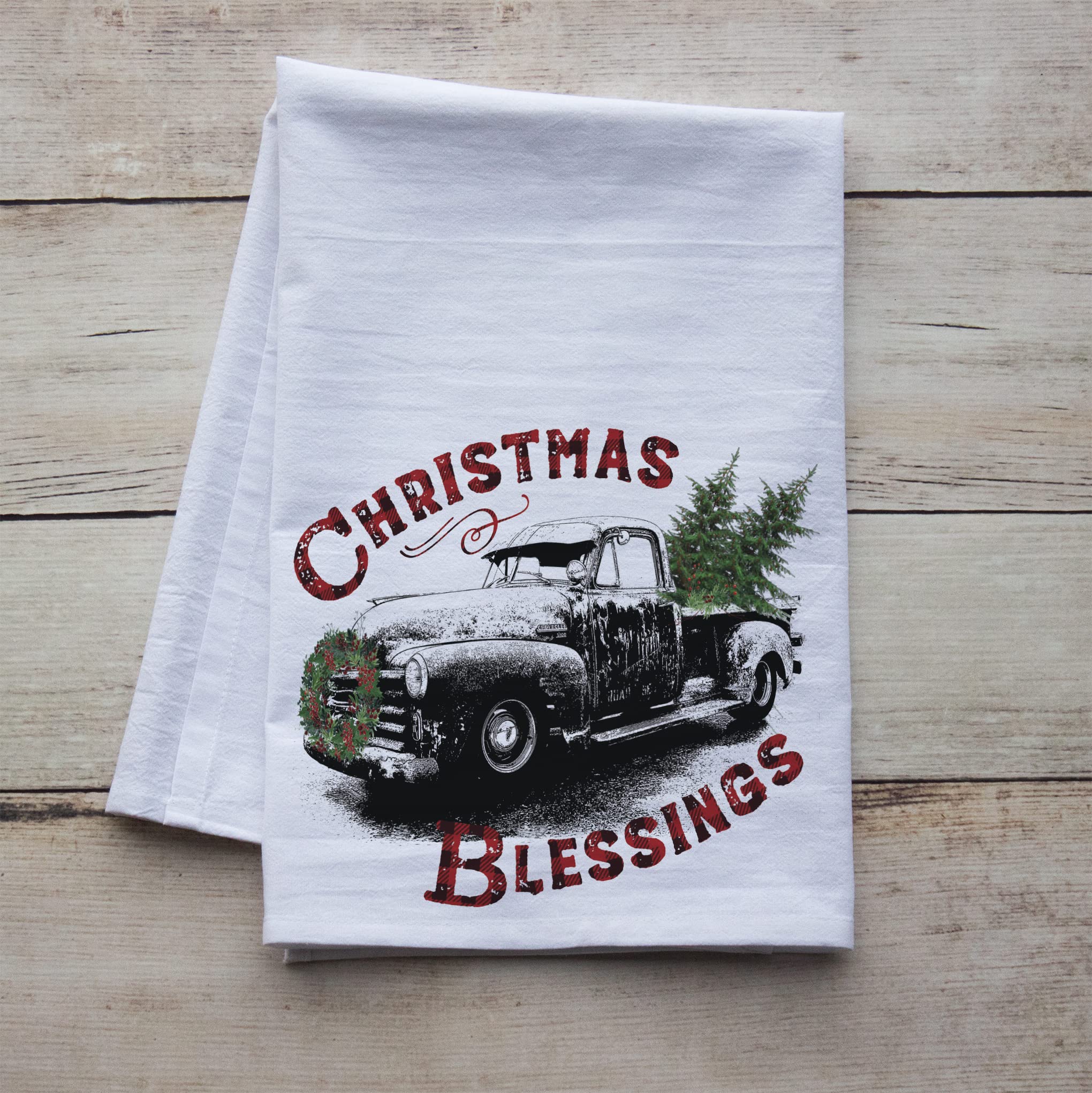 Christmas Flour Sack Dish Towels - Holiday Kitchen Tea Towels Set for Xmas Decor (Old Truck Design) - Perfect for Holiday Baking, Gift Wrapping & Festive Home Decor