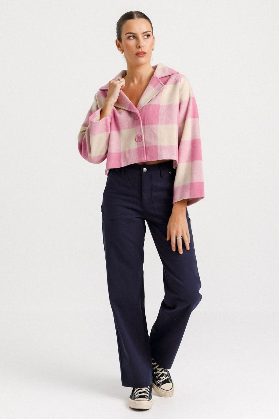 Clemmie Ballerina Pink Check Cropped Coat - Women's Fashion Trench Jacket for Spring & Fall | Perfect for Office, Date Night & Casual Outings