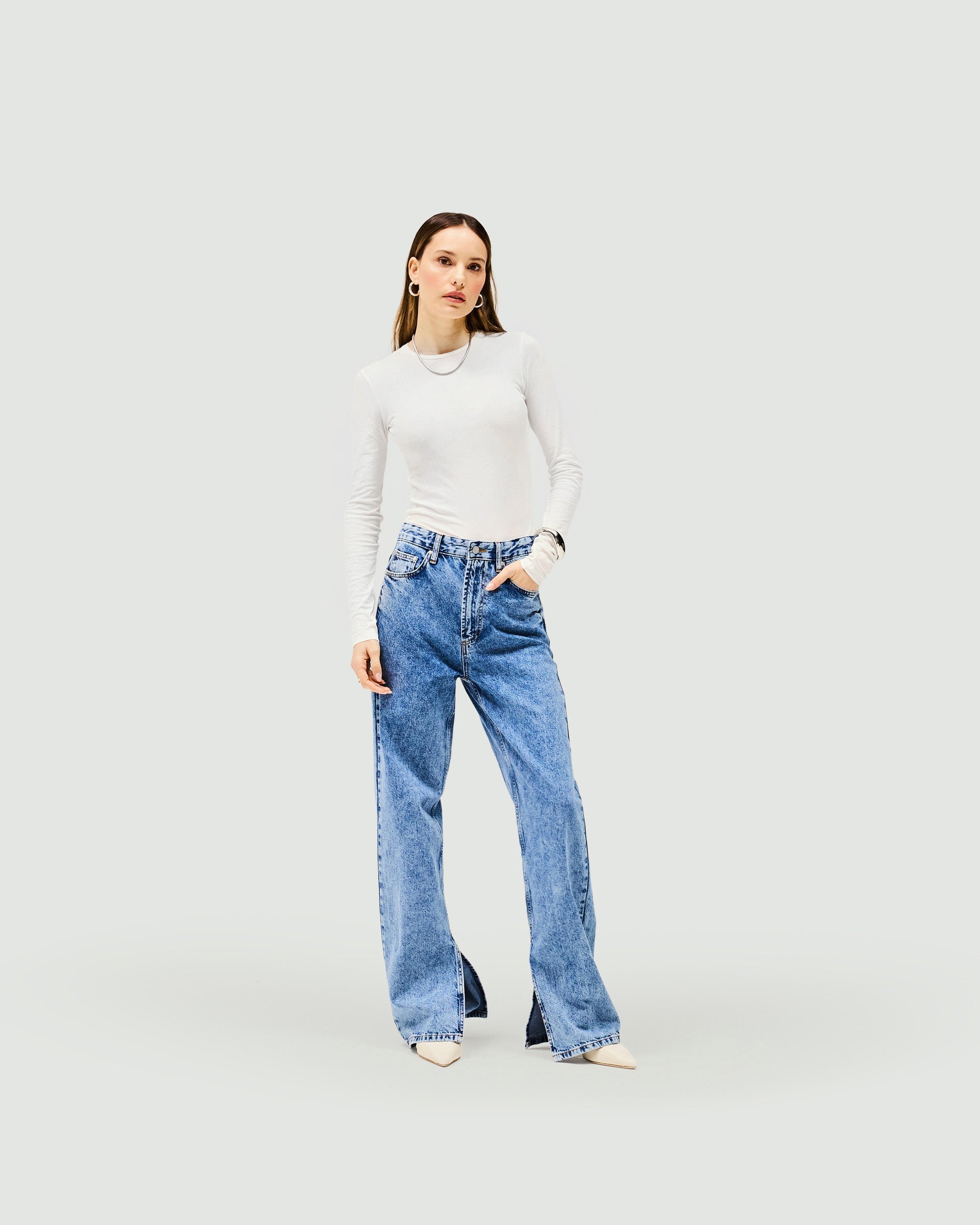 Split Hem Straight Jeans for Women - Washed Blue Denim Pants | Casual Everyday Wear & Street Style Outfits