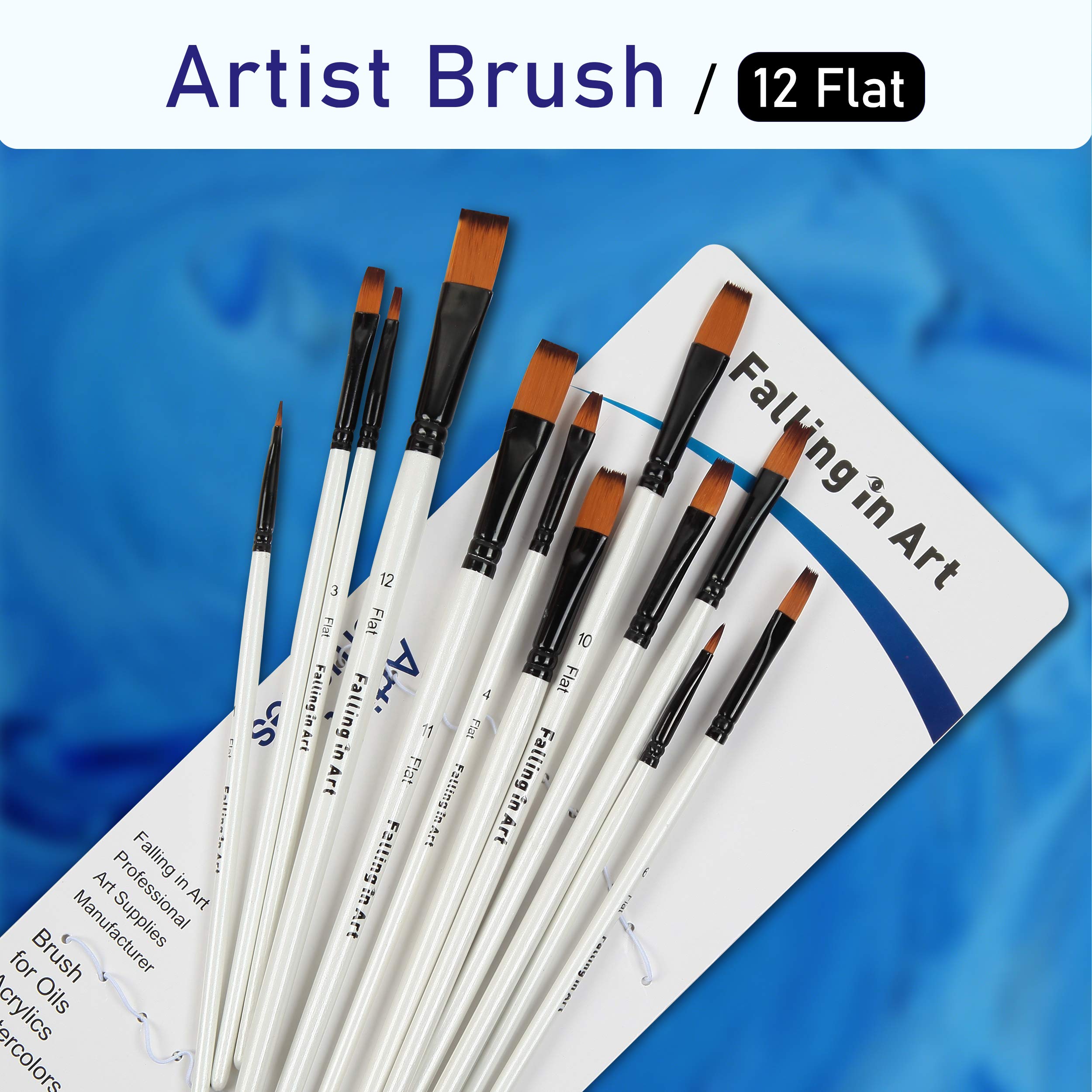 Premium 12-Piece Nylon Paint Brush Set for Watercolor, Oil, Acrylic Painting - Professional Flat Brushes for Artists, Face/Body/Nail Art, Crafts & Rock Painting - Ideal for Beginners & Professionals