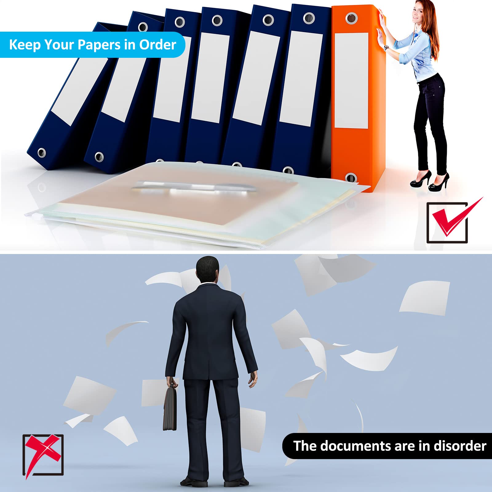 Zonon 30-Pack Clear PVC 3/6 Ring Binder Zipper Pouch - Waterproof A4 Loose Leaf Filing Folders with Transparent Zippers for School, Office & Document Organization
