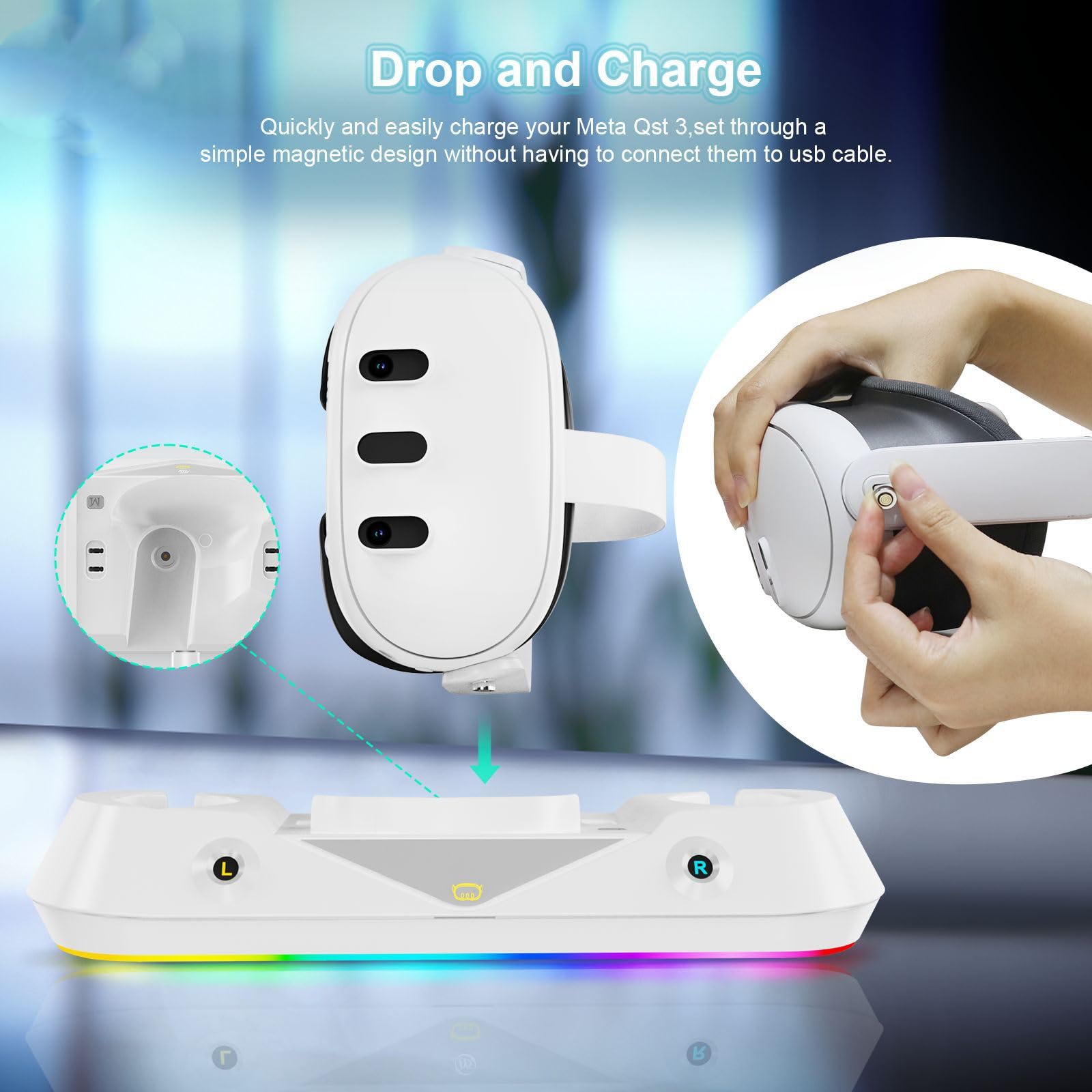 Meta Quest 3 Charging Dock - Magnetic VR Headset & Controllers Charging Station for Meta Quest 3 | Fast Charging Accessories for Gaming, Streaming & Virtual Reality Experiences