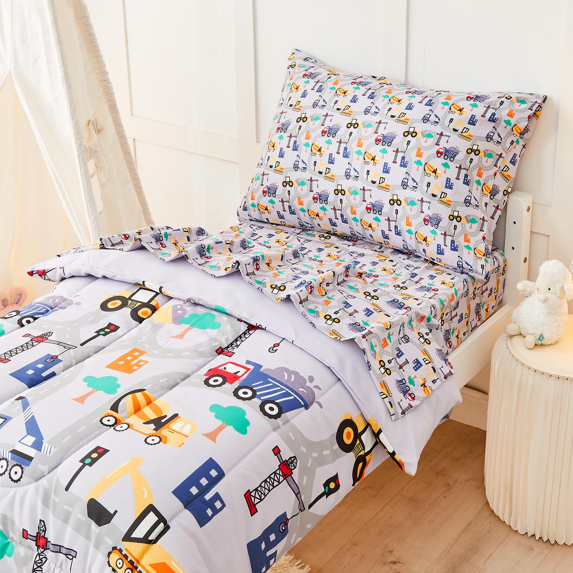 Lasoftan 4-Piece Construction Toddler Bedding Set for Boys - Excavator & Cars Printed, Super Soft Microfiber Comforter, Fitted Sheet, Pillowcase | Perfect for Kids' Room, Nursery & Daycare Use