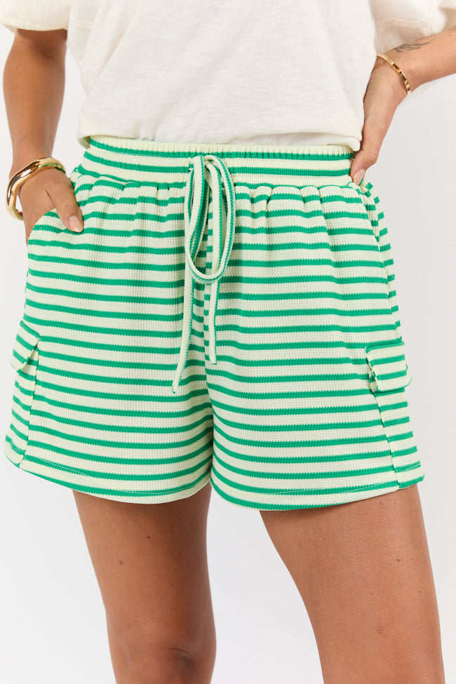 Women's Green Striped Ribbed Knit Shorts - Comfortable High Waisted Stretchy Summer Shorts for Casual Wear, Beach, Yoga & Lounge