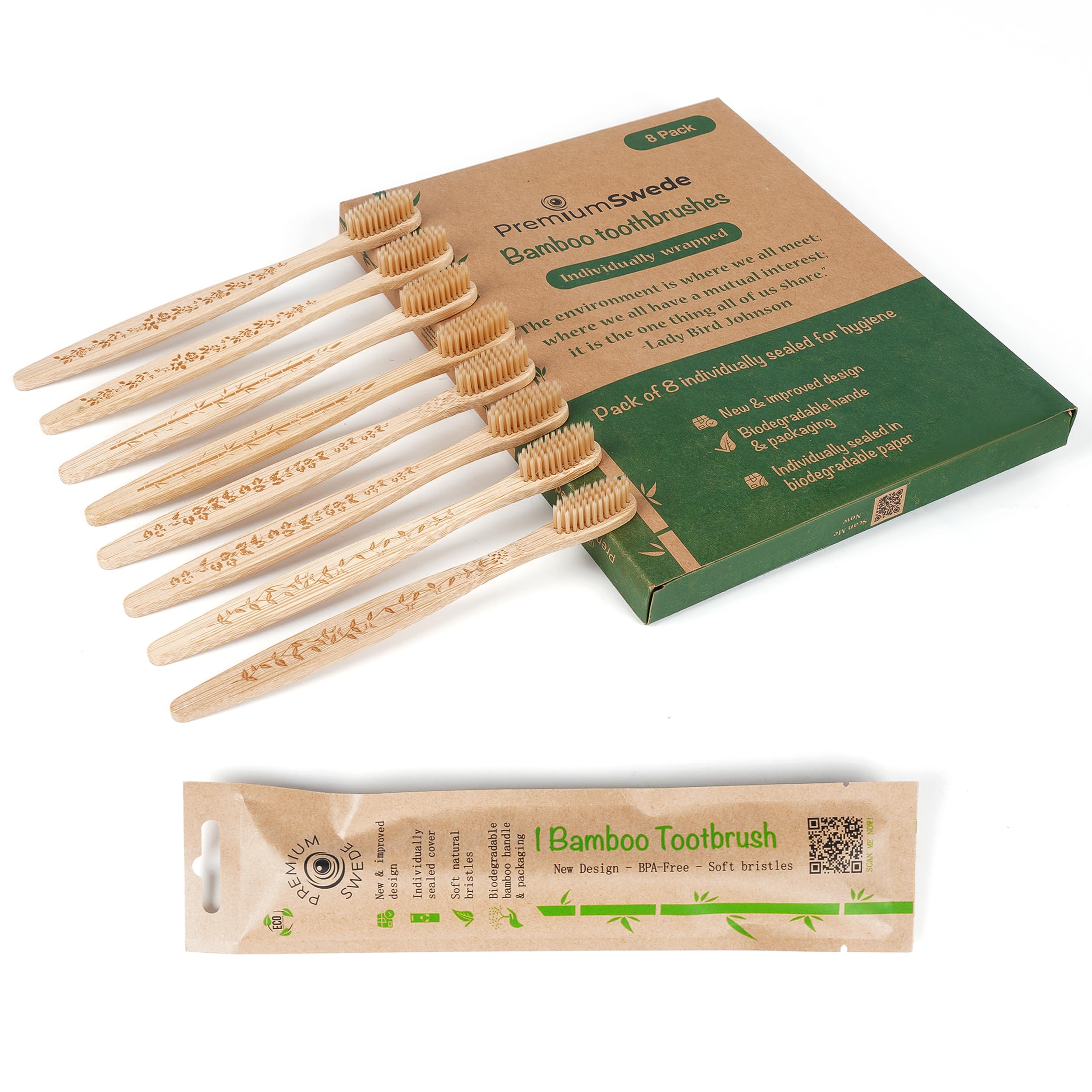 Eco-Friendly Bamboo Toothbrushes for Adults - 8 Pack Soft Bristles, Biodegradable & Individually Wrapped - Natural Wooden Toothbrush for Sensitive Teeth - Perfect for Travel, Home & Zero Waste Lifestyle