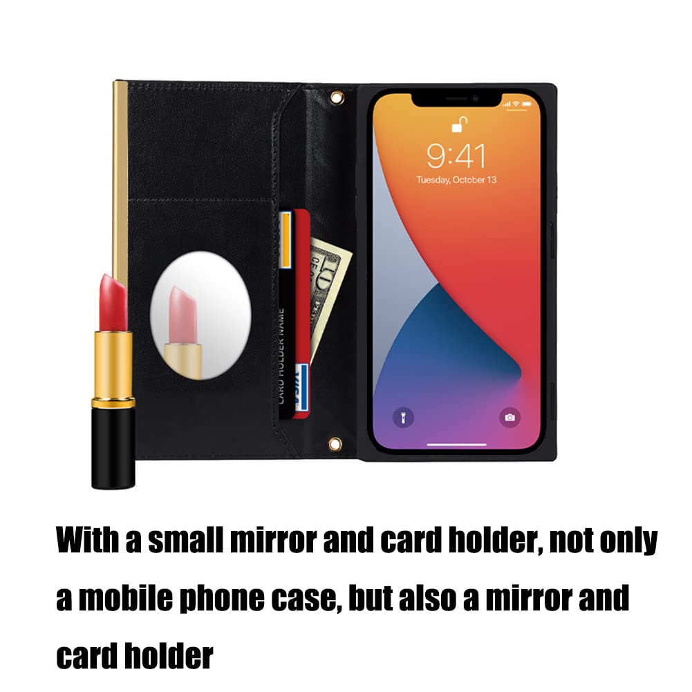 Luxury Leather Wallet Case for iPhone 13 Pro - Fashion Flip Purse with Card Slots, Crossbody Chain & Mirror | Shockproof Protective Cover (Black) | Perfect for Everyday Use, Travel & Hands-Free Convenience