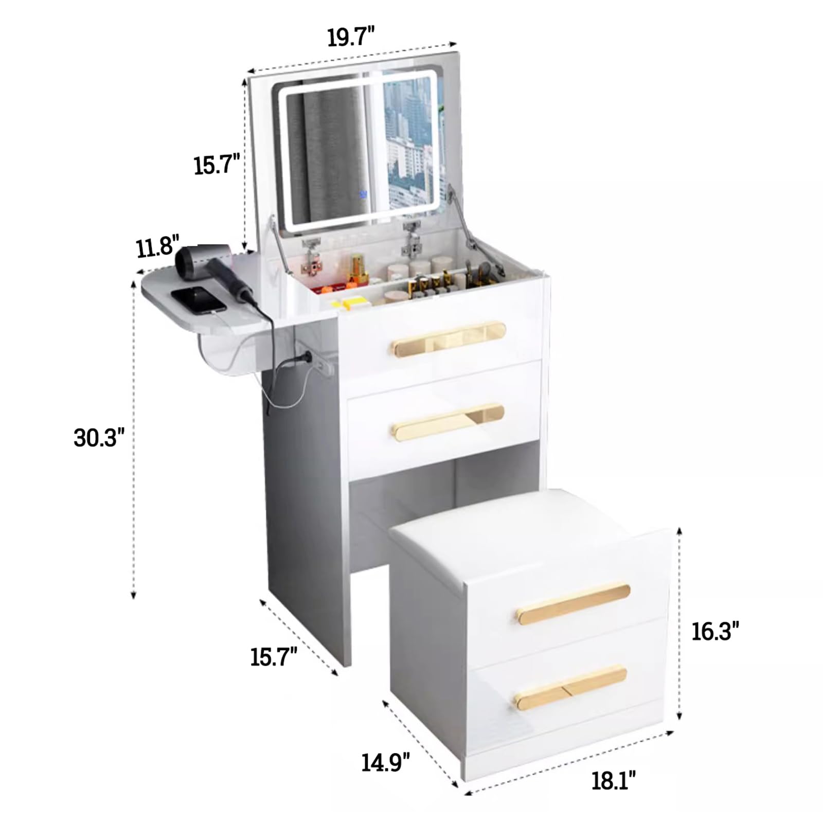 Modern LED Vanity Desk with Mirror & Storage - White Makeup Dressing Table for Bedroom