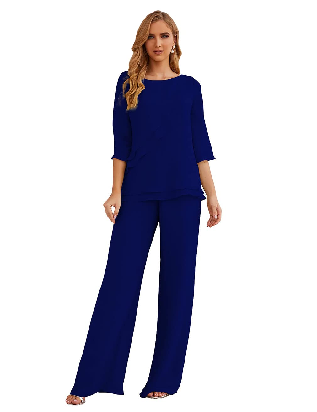 Elegant Women's 2-Piece Chiffon Half Sleeve Pant Suit Set - Mother of The Bride & Wedding Guest Outfit - Perfect for Formal Events, Bridal Showers & Special Occasions