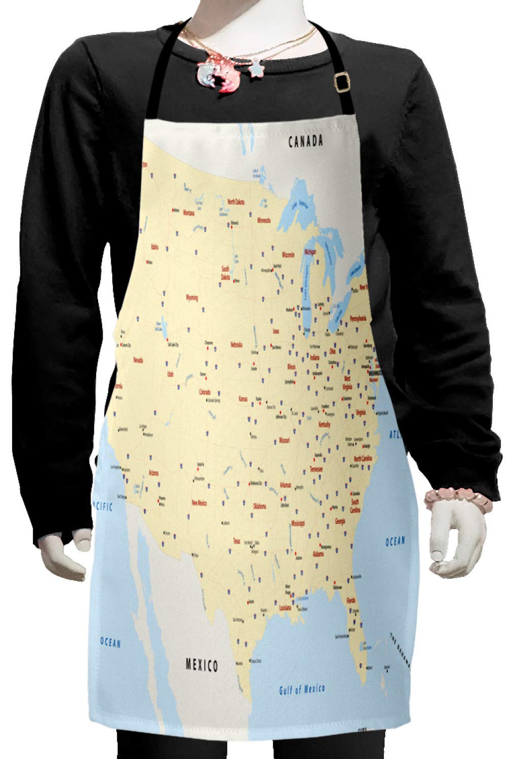 **Ambesonne USA Map Apron - Adjustable Bib Apron with US Interstate & City Travel Design for Baking, Painting, Cooking - Small Size in Yellow, Red & Pale Blue - Perfect for Home Chefs, Artists & Road Trip Enthusiasts**