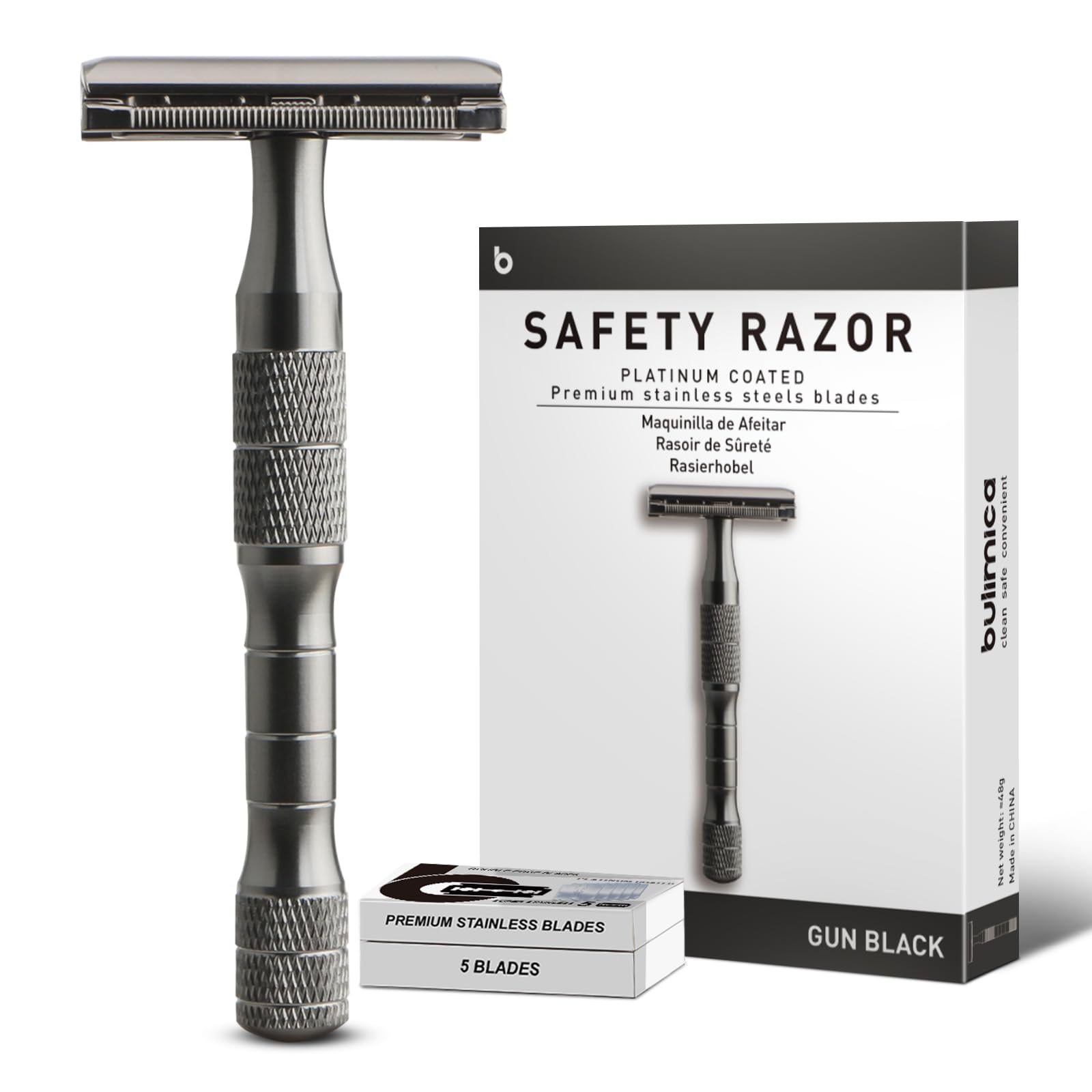 Premium Safety Razor for Women & Men - Single Blade Reusable Metal Razor with 10 Platinum Coated Blades - Gun Black - Eco-Friendly Shaving for Face & Body - Perfect for Travel, Home & Sustainable Grooming Routine