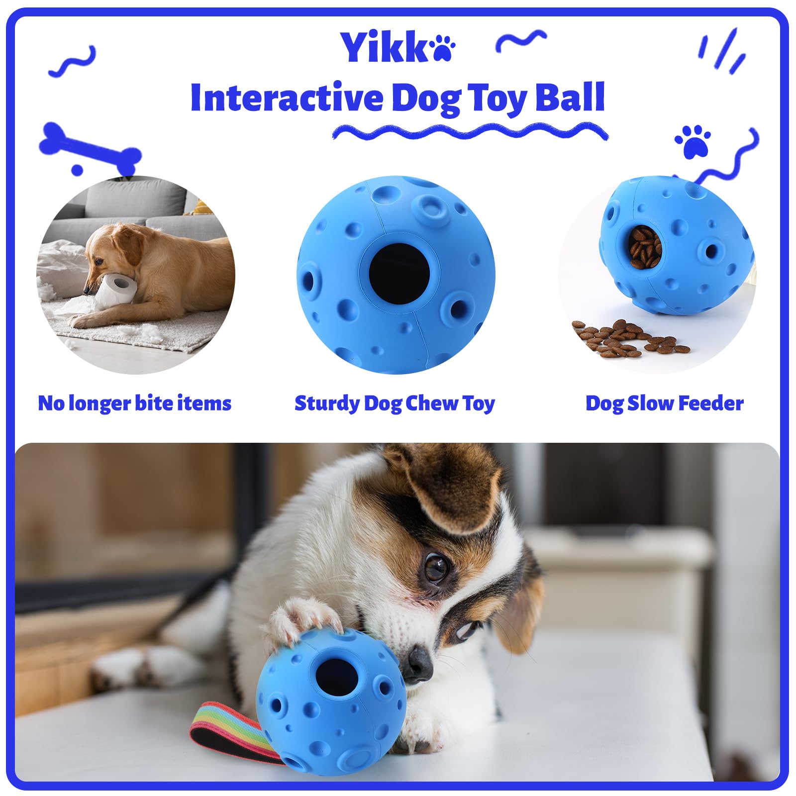 Yikko Interactive Dog Puzzle Toy - Fillable Frozen Enrichment Ball for Small to Large Dogs (10-80Lbs) | Durable Rubber Chew Toy for Indoor & Outdoor Play | Easy to Clean | Perfect Gift for Dog Birthday, Christmas & Training (Blue)
