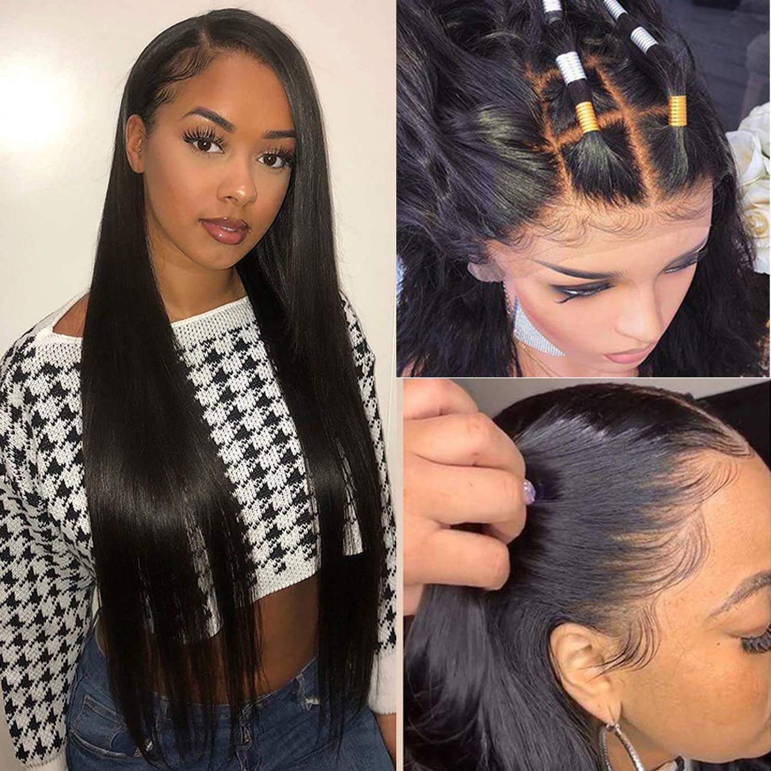 13x6 Lace Front Wig Brazilian Human Hair - Silky Straight 10A Grade Pre Plucked Bleached Knots with Baby Hair - Natural Black Small Cap 130% Density 10
