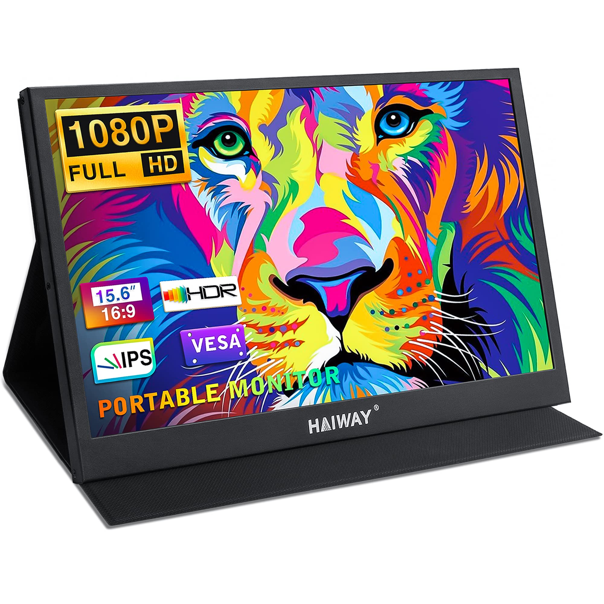 15.6 Inch Portable Monitor - 1080P FHD IPS USB-C HDMI External Second Screen for Laptop, PC, Mac, Phone, PS4, Xbox & Switch - Dual Speakers with Protective Cover - Ideal for Gaming, Work & Travel