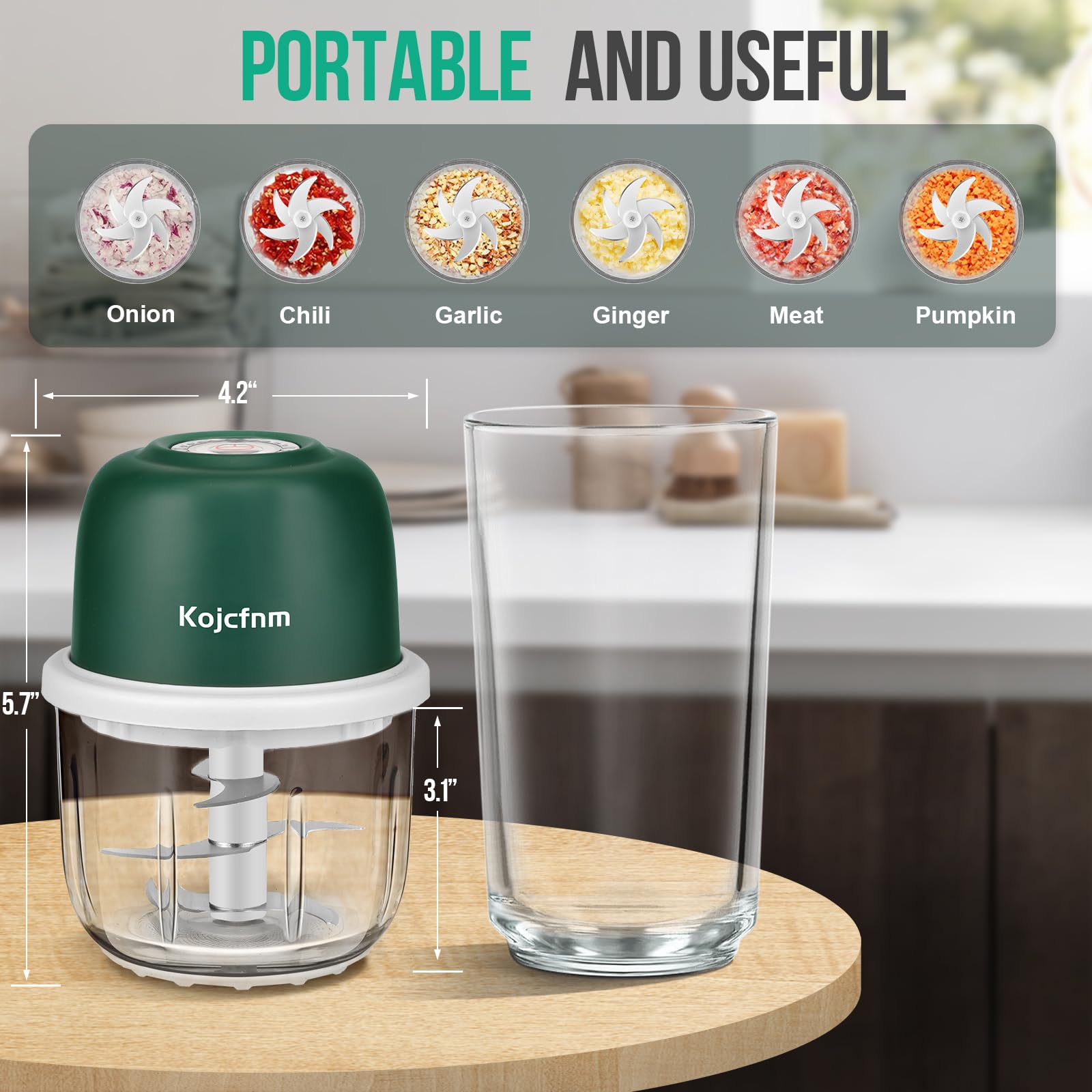 Wireless Rechargeable Electric Food Chopper - 350ml Glass Bowl Mini Dicer with 6 Blades for Garlic, Vegetables, Onions & Spices | Compact Kitchen Gadget for Chopping, Slicing & Blending | Perfect for Meal Prep, Salads & Cooking (Dark Green)
