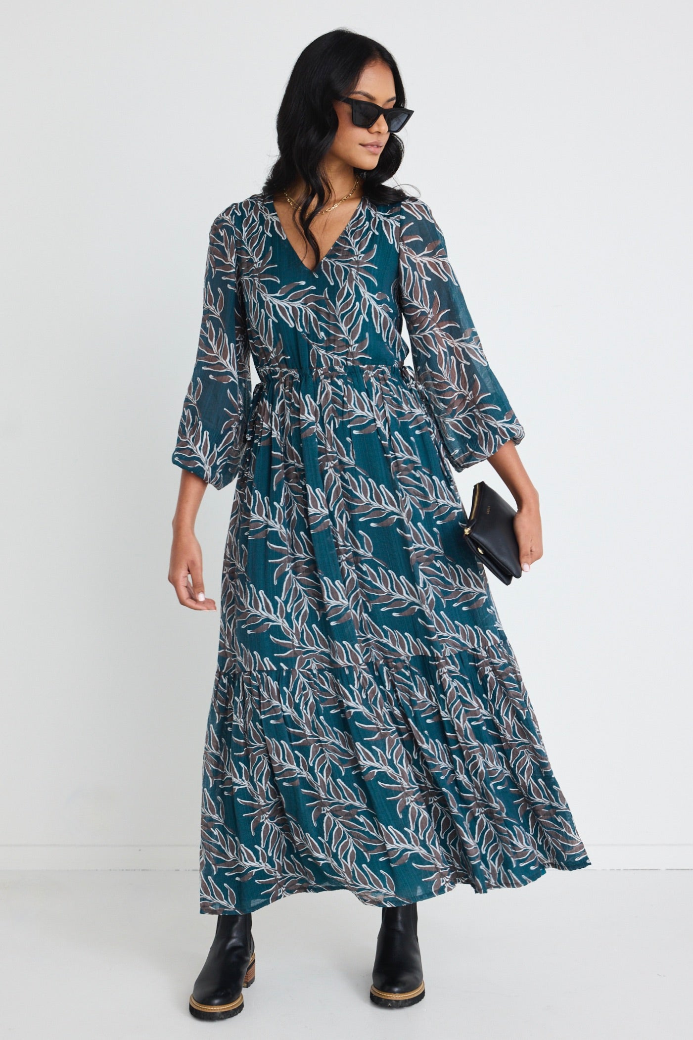 Aroha Forest Leaves Long Sleeve V-Neck Tiered Tie Waist Maxi Dress for Women - Boho Floral Summer Beach Wedding Party Dress