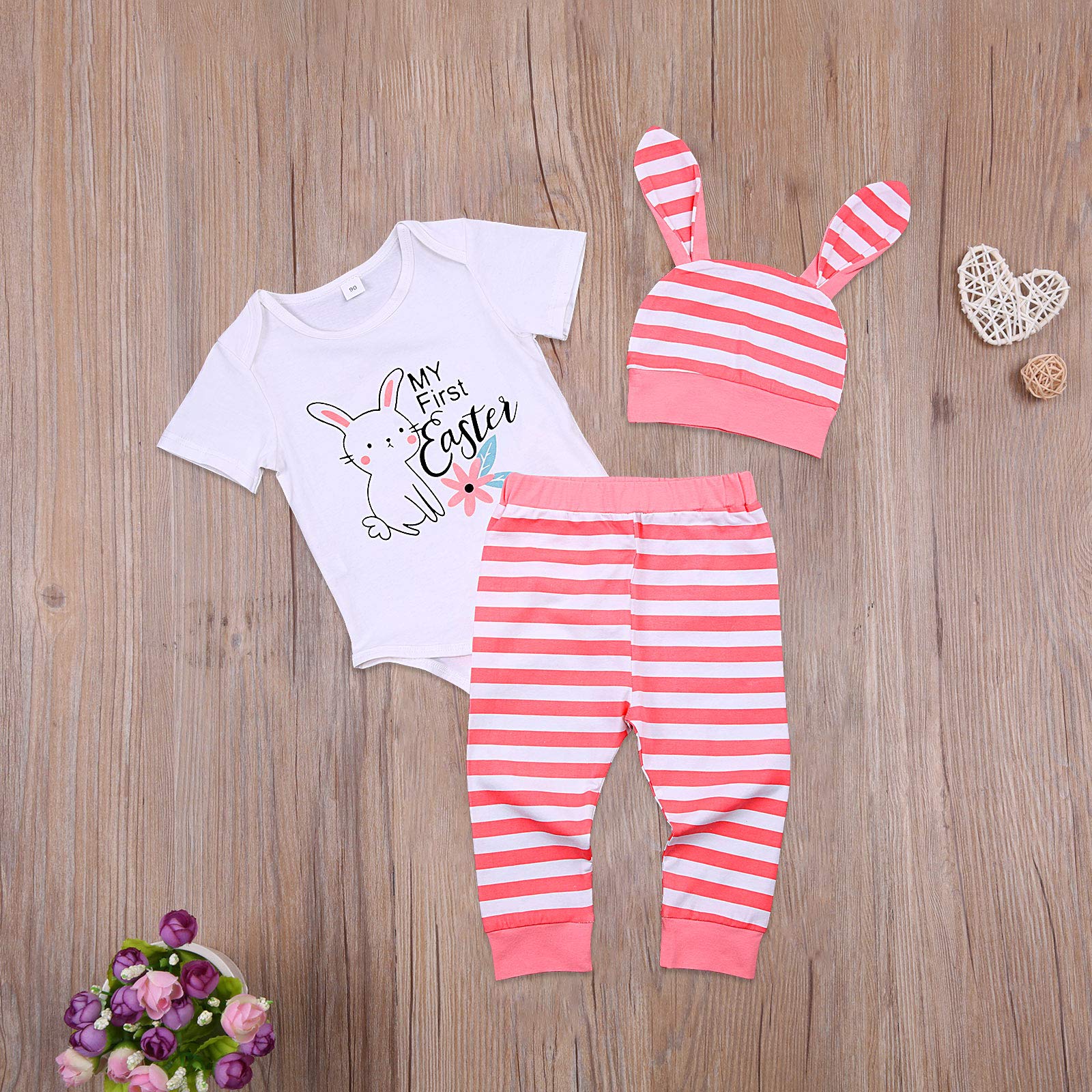Adorable 3Pcs Easter Outfit for Newborn Baby Girls & Boys - Short Sleeve Romper, Bunny Pants & Hat Set | Perfect for Easter Photos, Spring Celebrations & First Holiday Memories
