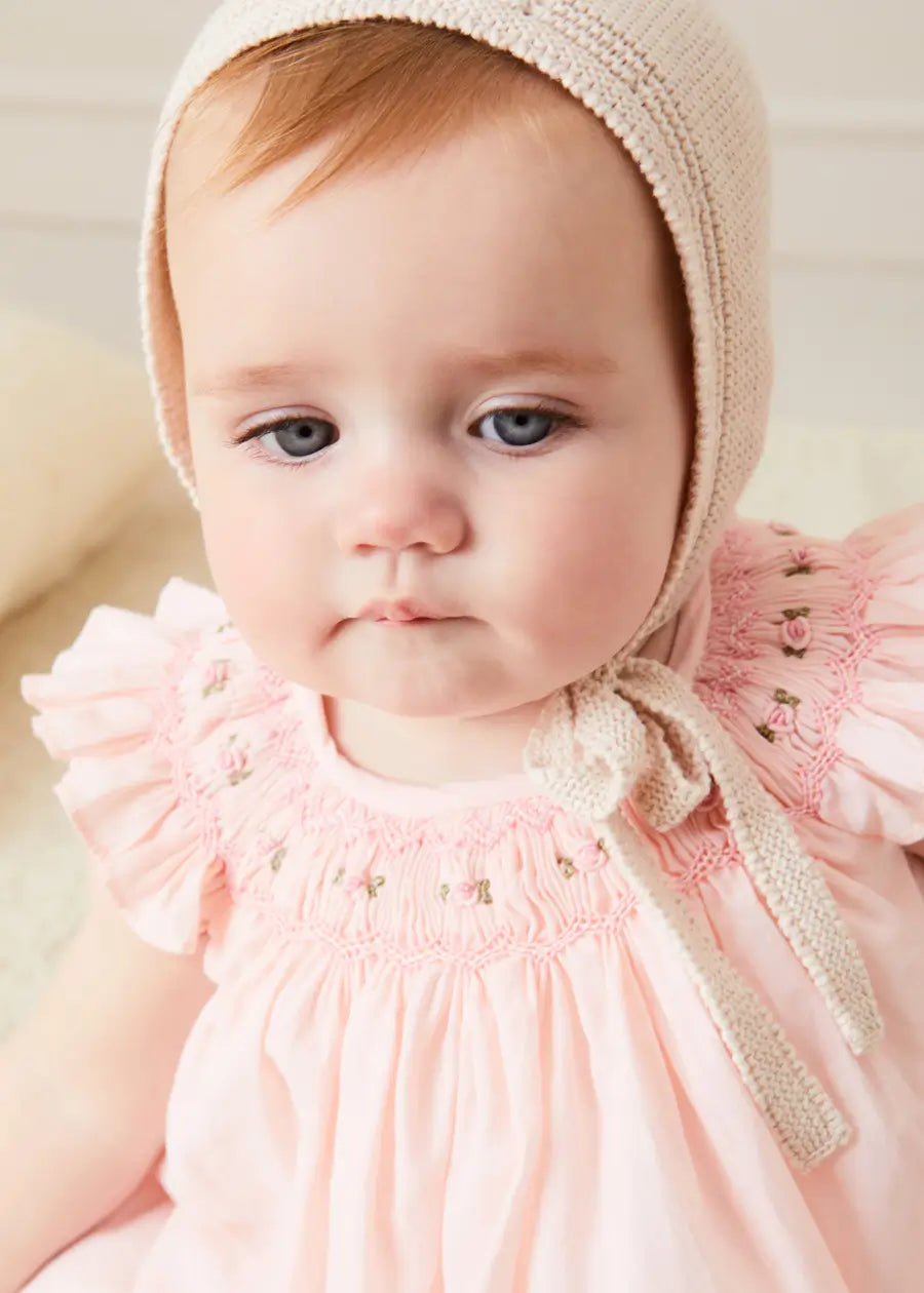 Pink Hand Smocked Sleeveless Baby Dress with Bloomers - 12 Months Size - Perfect for Special Occasions, Photoshoots & Summer Outfits