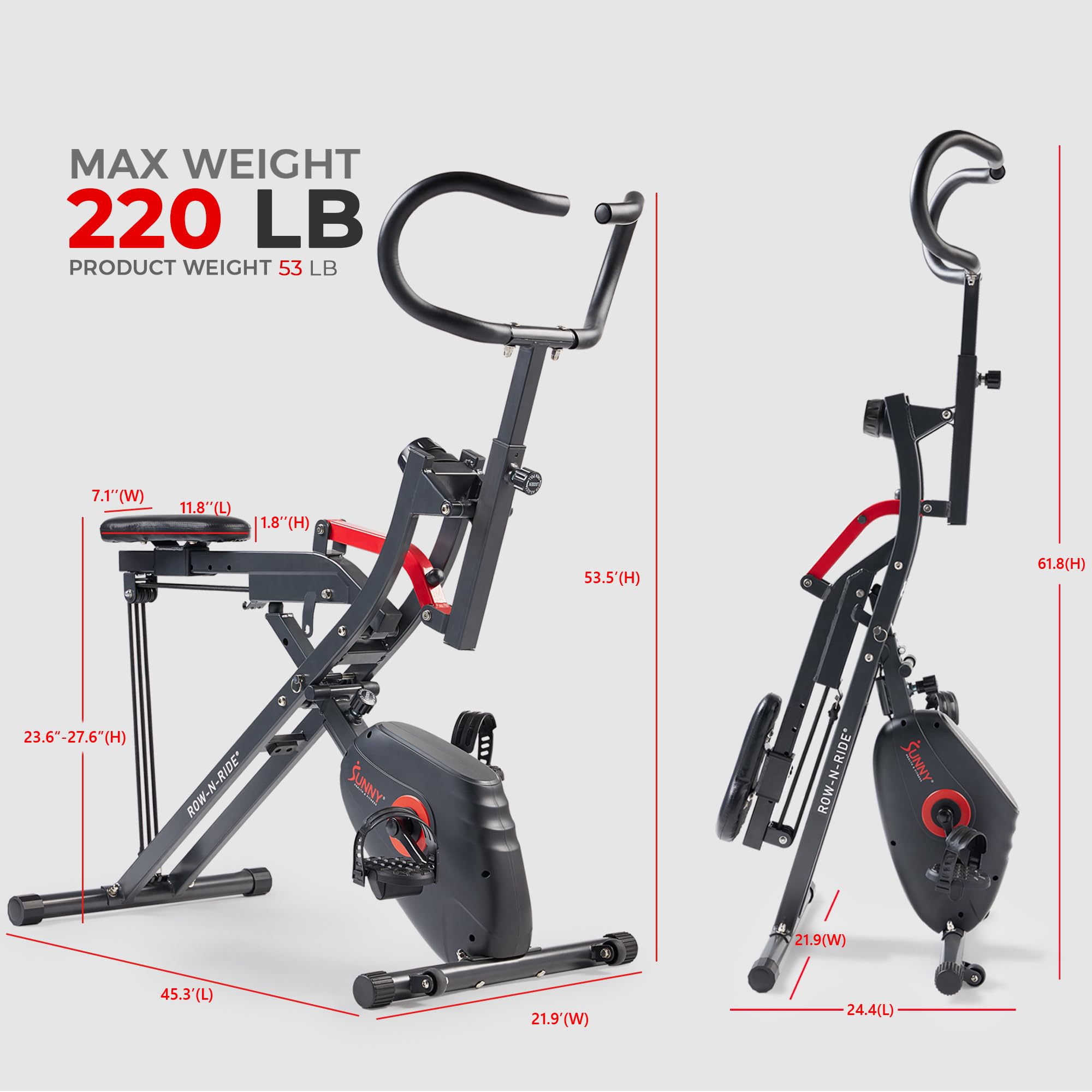 Sunny Health & Fitness Row-N-Ride PRO Full Body Workout Machine with Resistance Bands - Home Gym Equipment for Cardio, Squats & Ab Exercises | Connects to SunnyFit App | Perfect for Small Spaces & Home Fitness Routines