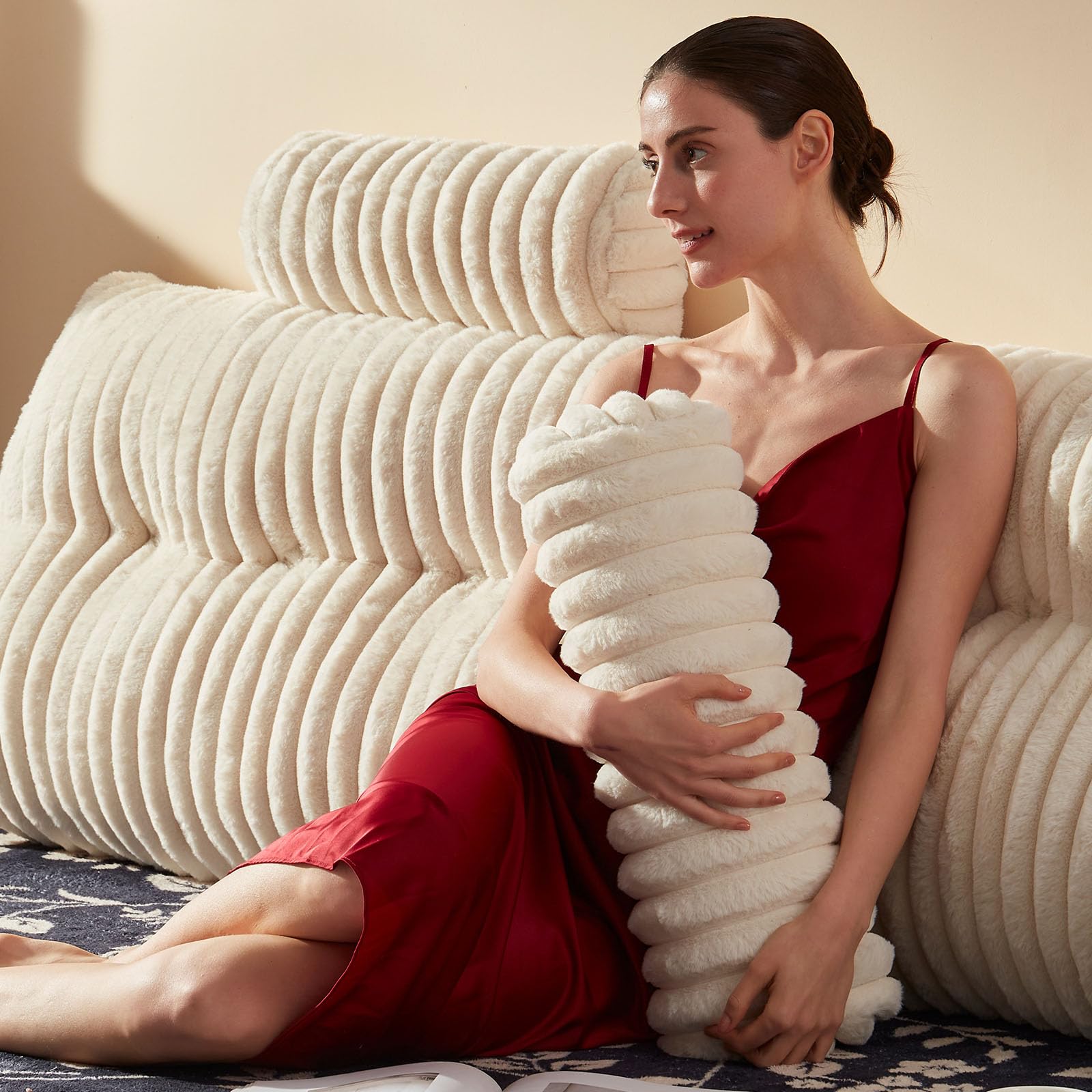 Faux Fur Headboard Pillow Set - 2 Pack Neck Roll Pillows & Large Supportive Backrest with Removable Cover (Beige, King Size) for Bedroom Decor, Reading in Bed, and Cozy Home Comfort