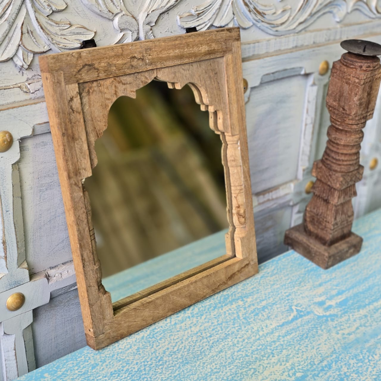 Hand Carved Indian Solid Wood Temple Mirror - Brown 116 - Elegant Wall Decor for Living Room, Bedroom, or Meditation Space