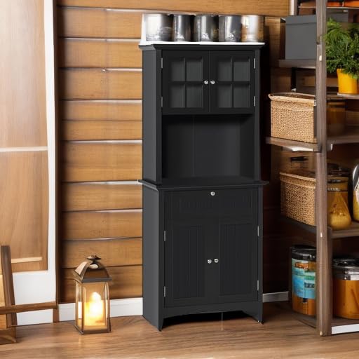 HOMCOM Elegant Buffet Hutch with Framed Glass Doors, Kitchen Pantry Storage Cabinet with Drawers & Microwave Space - Perfect for Dining Room Storage & Small Kitchen Organization, Black
