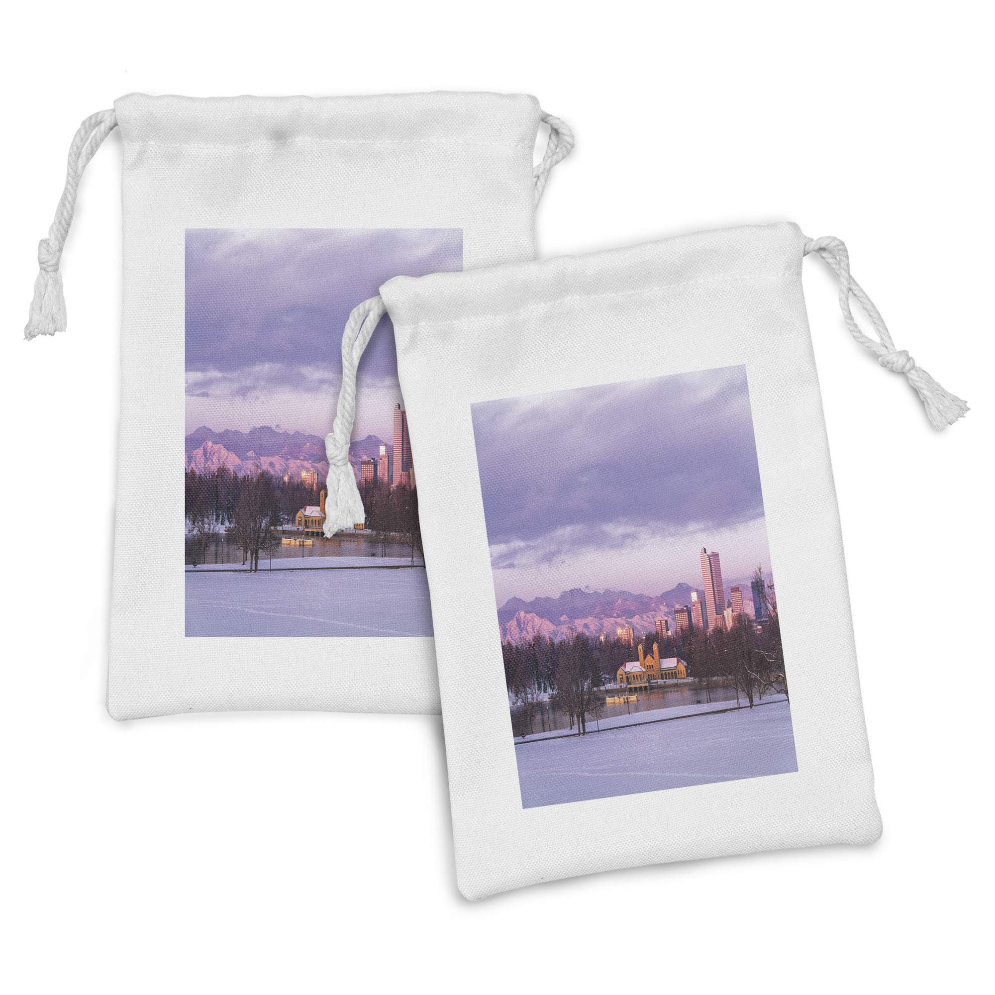 Ambesonne Denver Fabric Pouch Set of 2 - Skyline Landscape Sunrise Winter Scenery Drawstring Bags (9