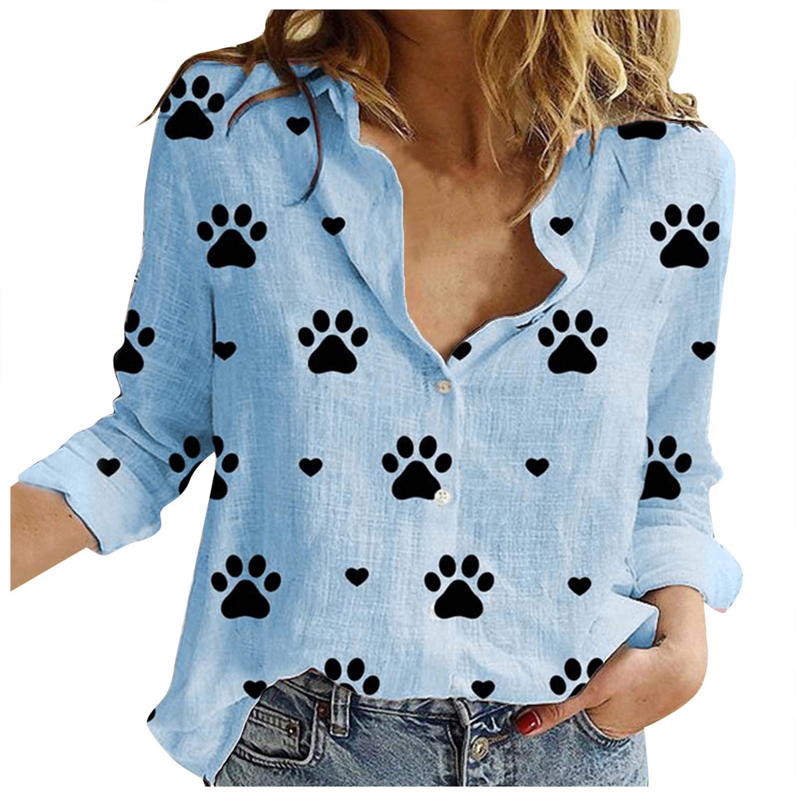 Women's Daisy Print Cotton Linen Long Sleeve Button Down Blouse - V Neck Lapel Shirt for Casual Wear, Office & Spring Outfits