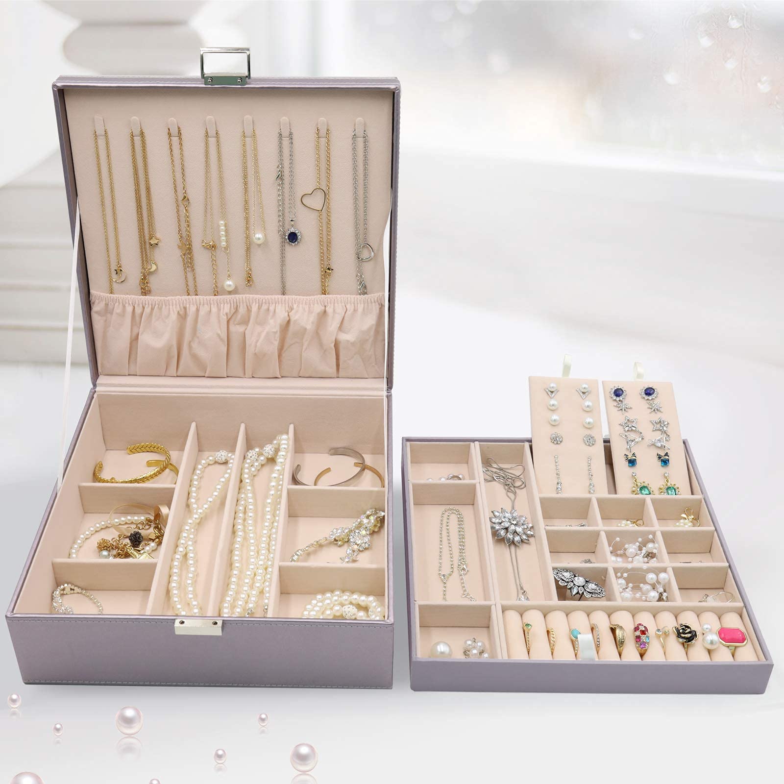 ProCase 6-Layer Large Jewelry Organizer Box for Women - Elegant Jewelry Storage Case with Mirror for Necklaces, Rings, Earrings & Bracelets - Perfect Gift for Girlfriend, Wife, Daughter (Home & Travel Use)