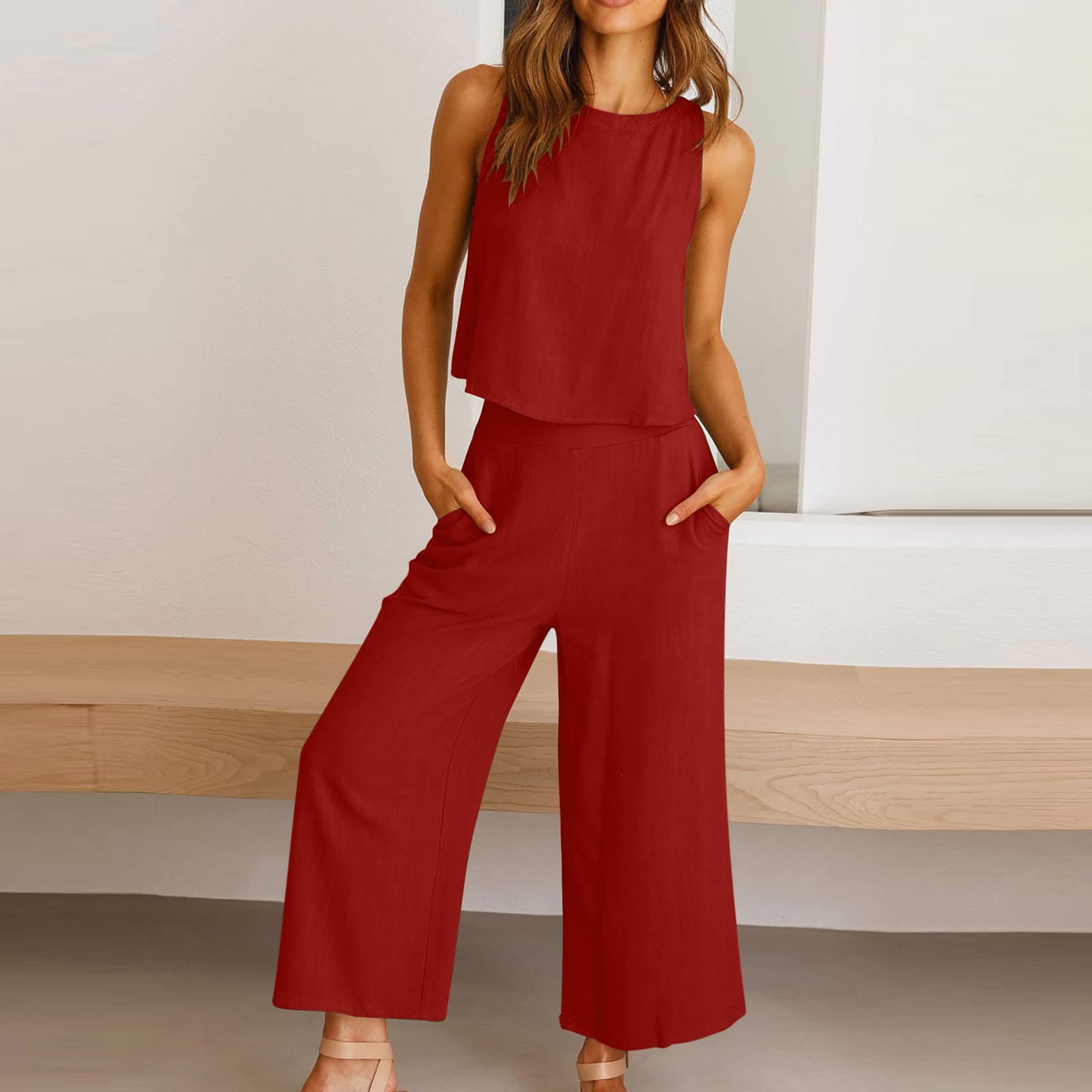 AMhomely Women's 2-Piece Cotton Linen Outfit - Sleeveless Vest Top & Wide Leg Pants Set with Button Back & Pocket | Elegant Matching Trouser Suits for Work, Office, and Summer Casual Wear