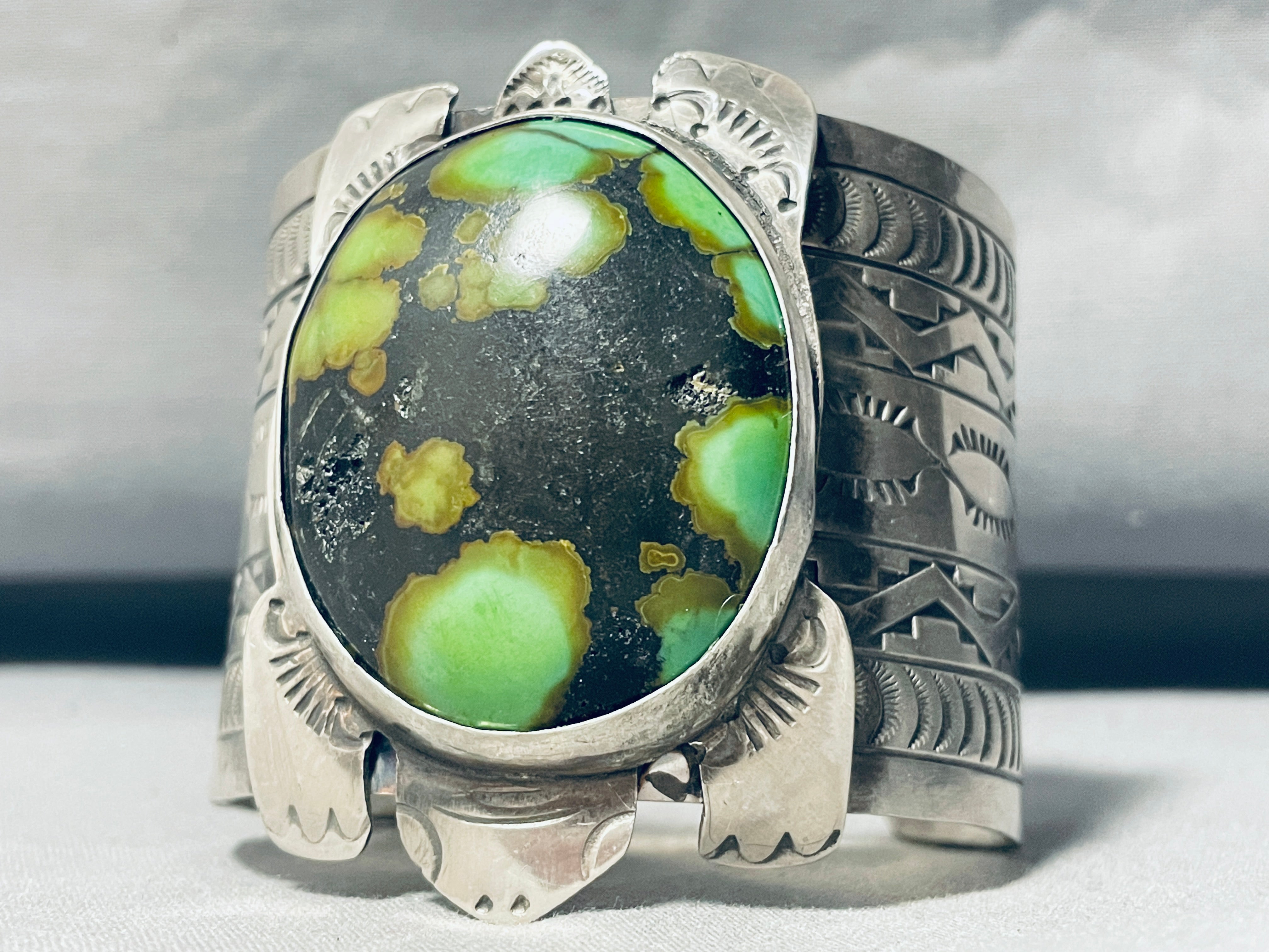 Authentic Navajo Sterling Silver Green Turtle Bracelet - 149g Handmade Native American Jewelry for Women, Perfect for Boho Fashion & Spiritual Gifts