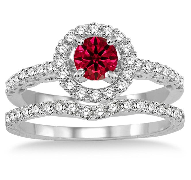 1.5 Carat Genuine Ruby Vintage Floral Halo Bridal Ring Set in 10K White Gold - Perfect for Engagement, Wedding & Anniversary Gifts