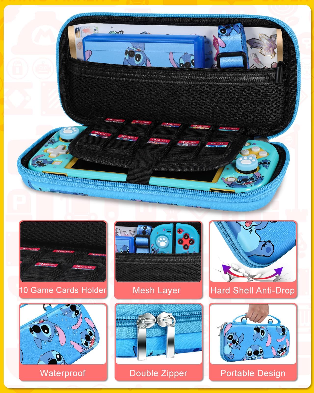 7-in-1 Nintendo Switch Lite Accessories Kit with Travel Case, Protective Cover, Game Holder, Strap, Stickers & Thumb Grips - Cute Shell Design for Boys, Girls & Kids - Perfect for Gaming On-The-Go, Travel Protection & Gift Giving