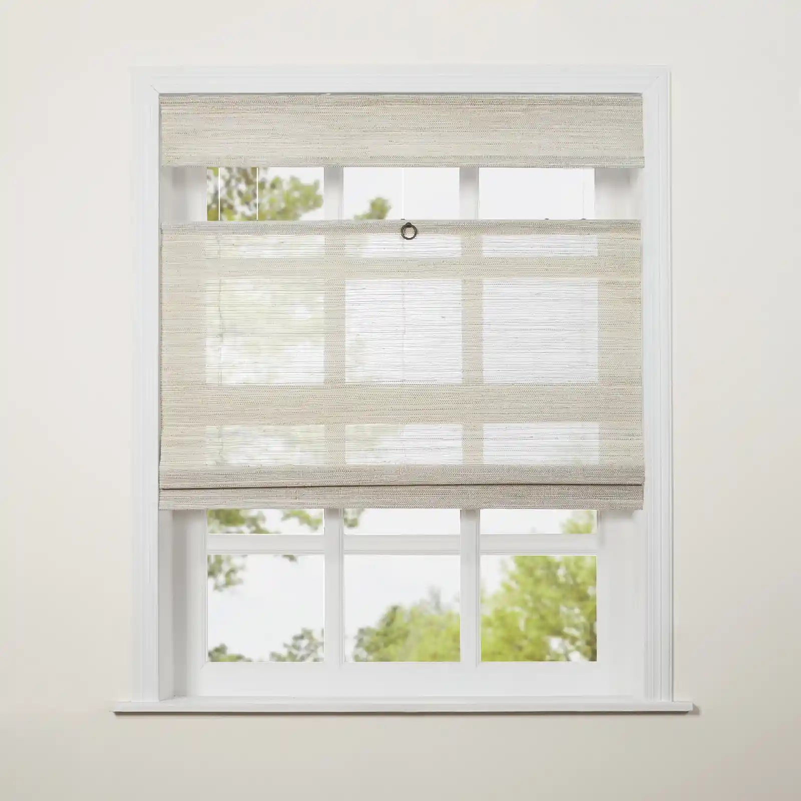 Natural Ramie Cordless Top Down Bottom Up Woven Wood Shade - White Wall Window Treatment for Living Room & Bedroom Privacy