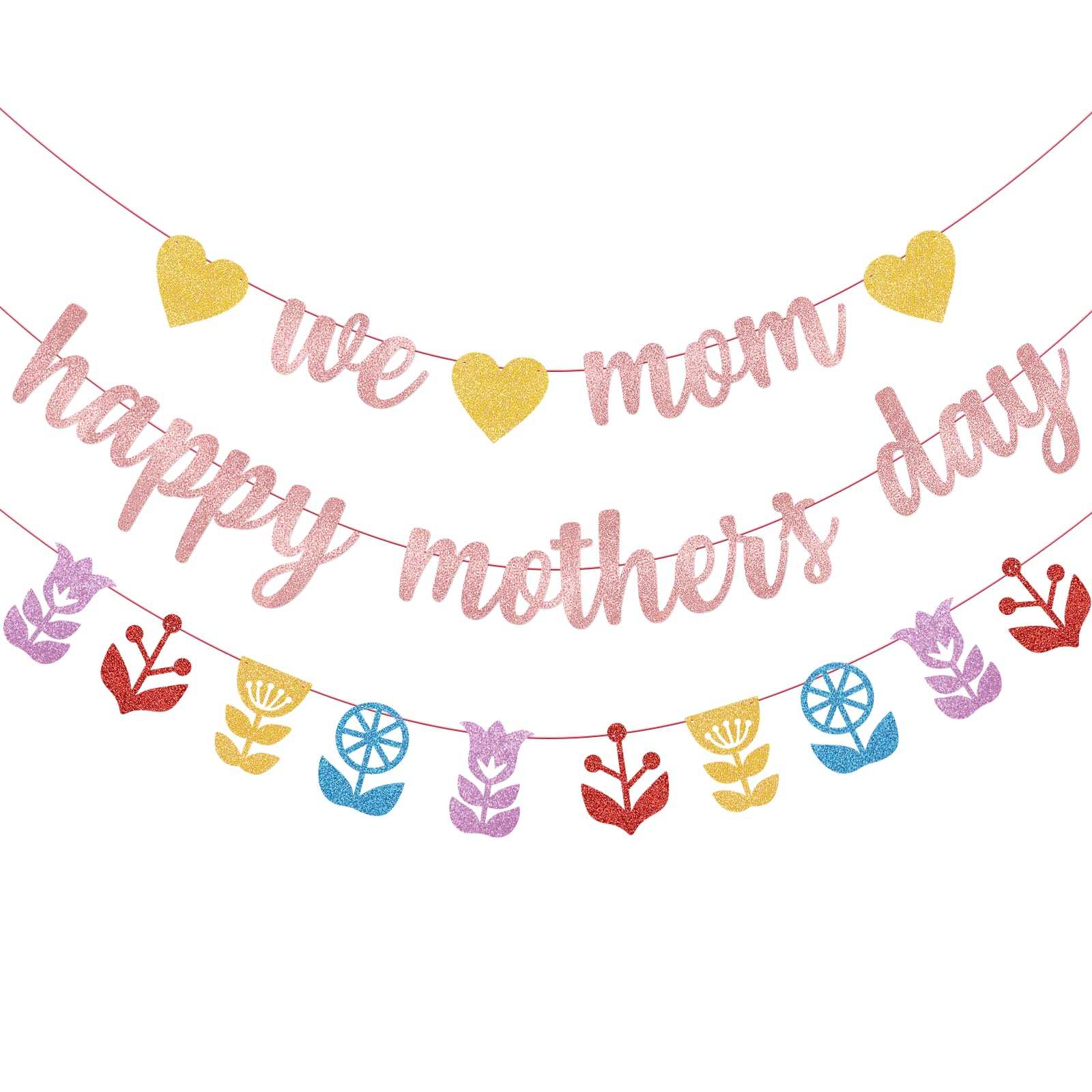 Rose Gold Happy Mother's Day Banner - Large We Love Mom Sign for Mother's Day Party Decorations, Home & Office Celebration Supplies - Perfect for Wall Decor, Photo Backdrops & Family Gatherings