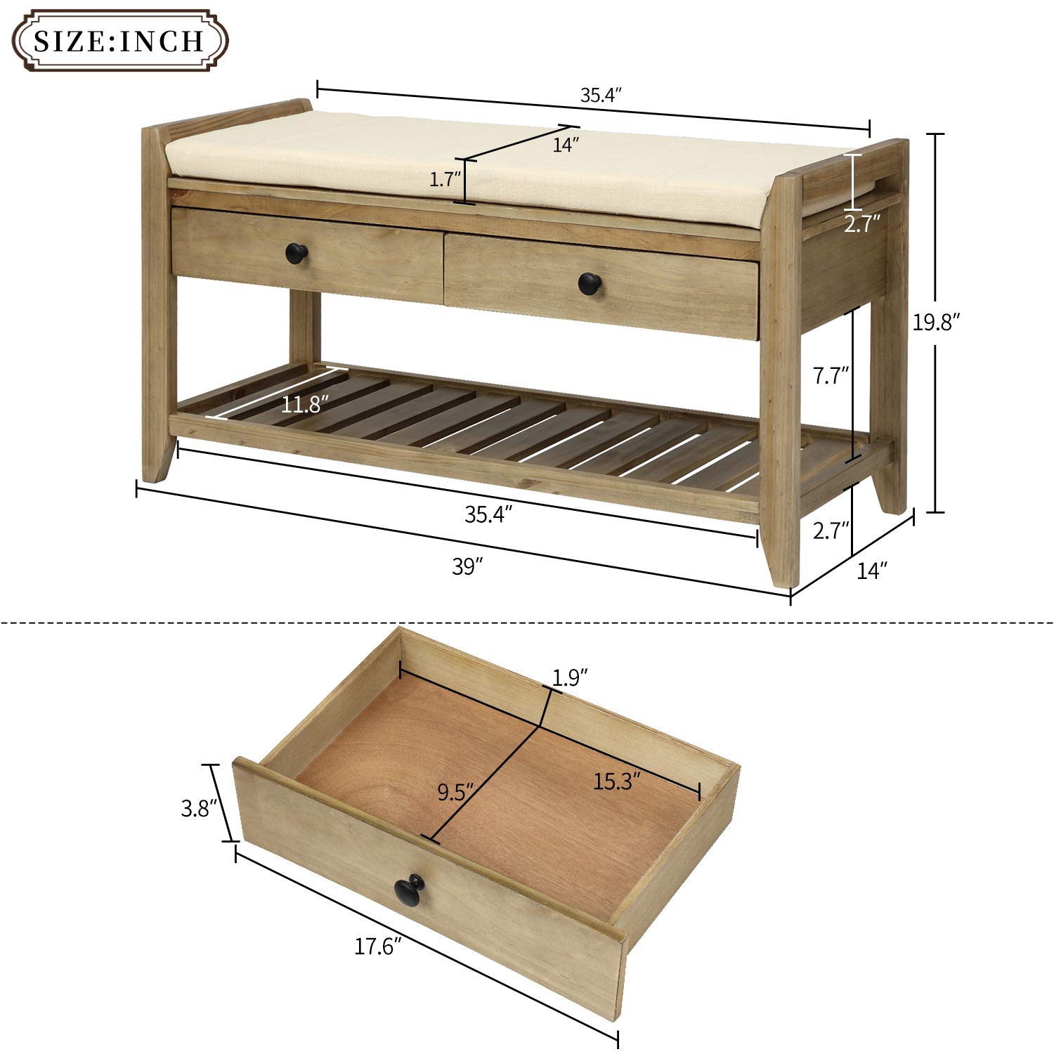 Gray Wash Shoe Bench with Cushion & Drawers - Entryway Storage for Hallway & Living Room