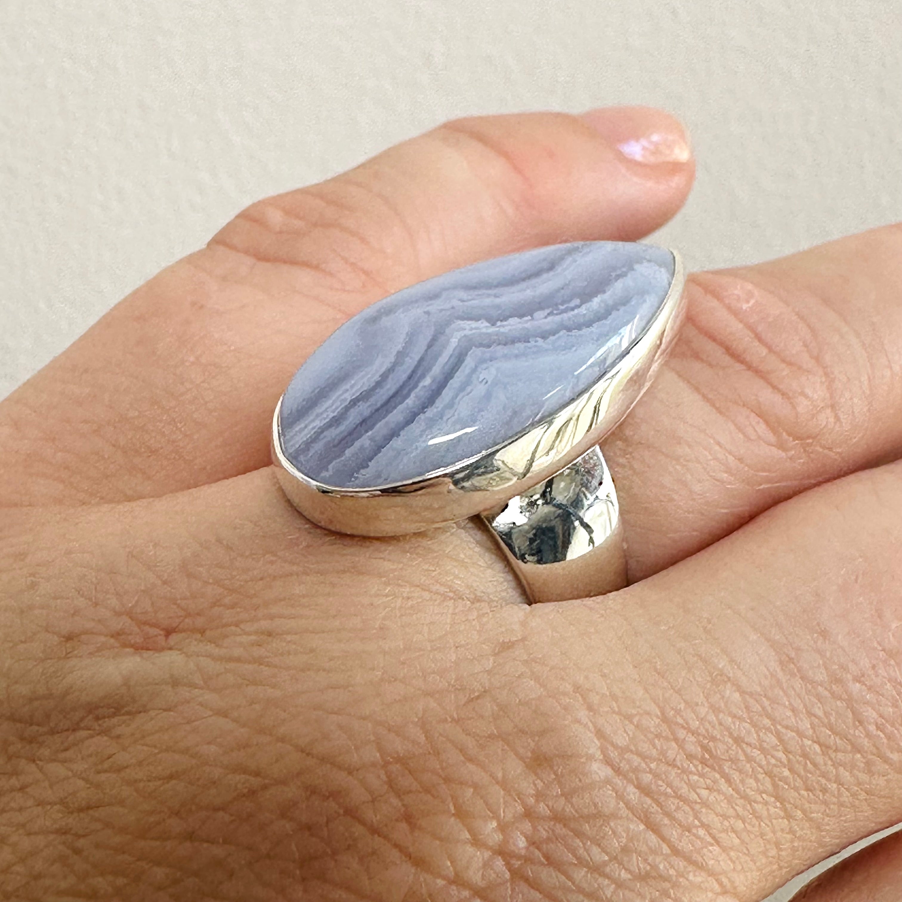 Blue Lace Agate Teardrop Cabochon Ring - Size 7 - Handmade Sterling Silver Jewelry - Perfect for Boho Fashion & Gift Giving