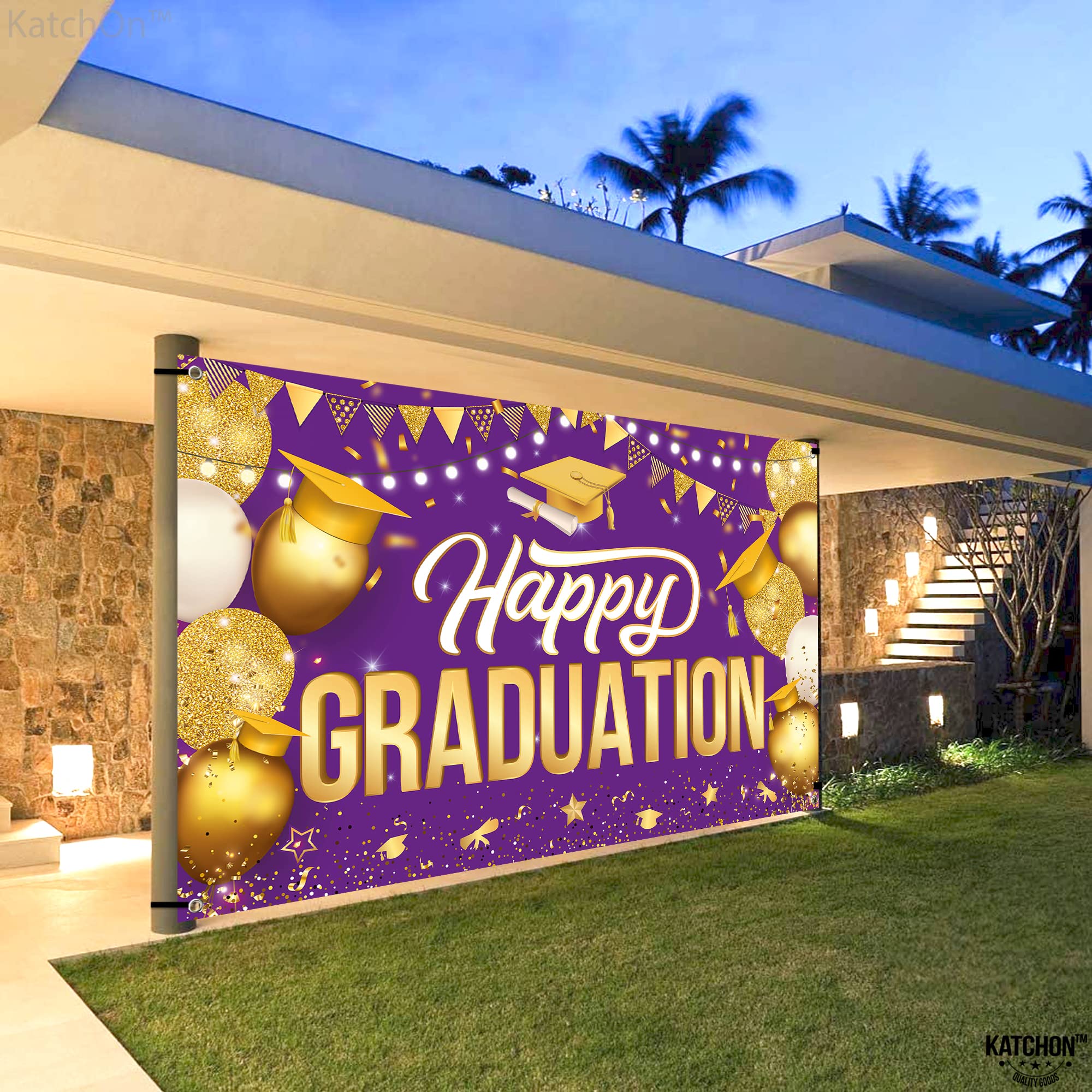KatchOn Extra Large Happy Graduation Banner - 72x44 Inch Purple & Gold Backdrop for Class of 2025 | 2025 Graduation Decorations, Congratulations Banner | Perfect for Graduation Parties, Photo Booths & School Events