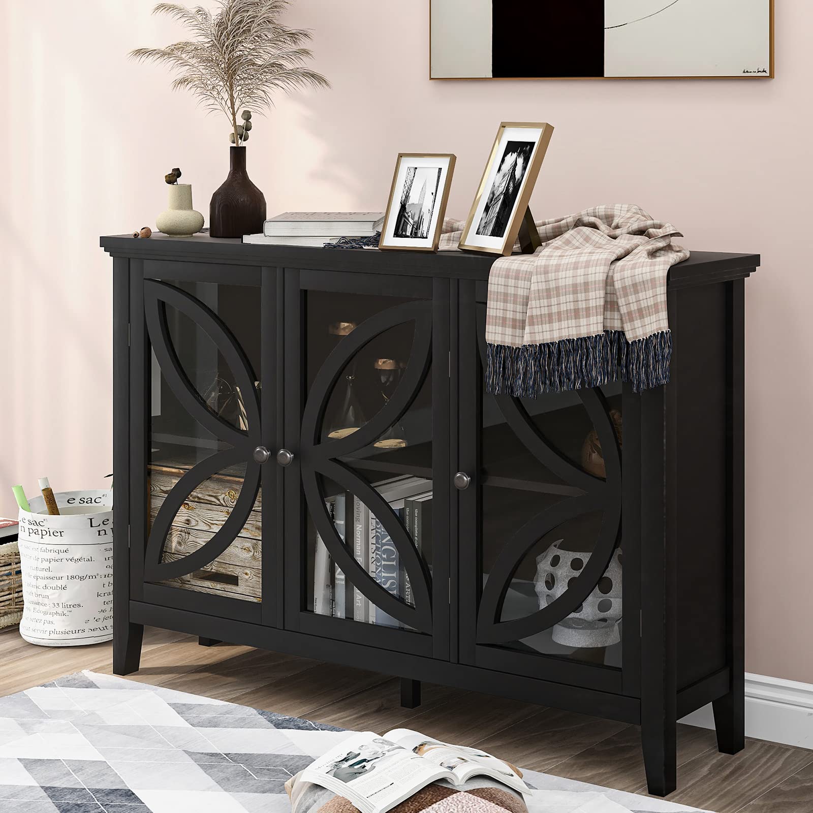 Modern Wooden Console Table & Sideboard Buffet Cabinet with Adjustable Shelf - Entryway, Living Room, Kitchen, Dining Room & Bedroom Storage Furniture (Black) | Perfect for Hallway Organization, Dining Room Serving & Stylish Home Decor