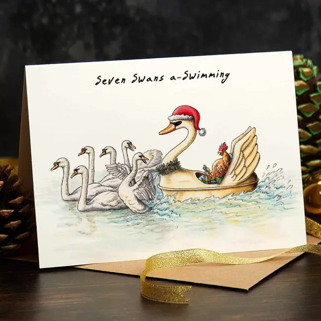 Bewilderbeest Greeting Card - Seven Swans Swimming Design | Perfect for Christmas, Birthdays & Special Occasions