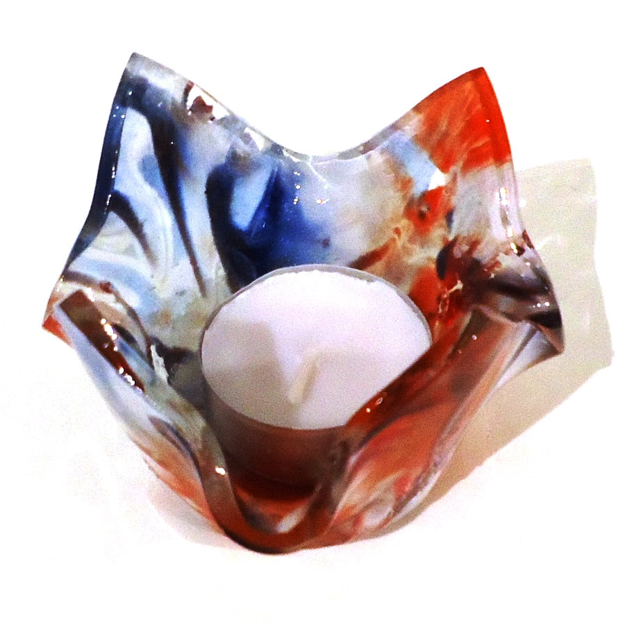 Handmade Fused Glass Tealight Candle Holder - Elegant Red & Blue Home Decor for Wedding, Spa, Romantic Dinner & Holiday Decorations