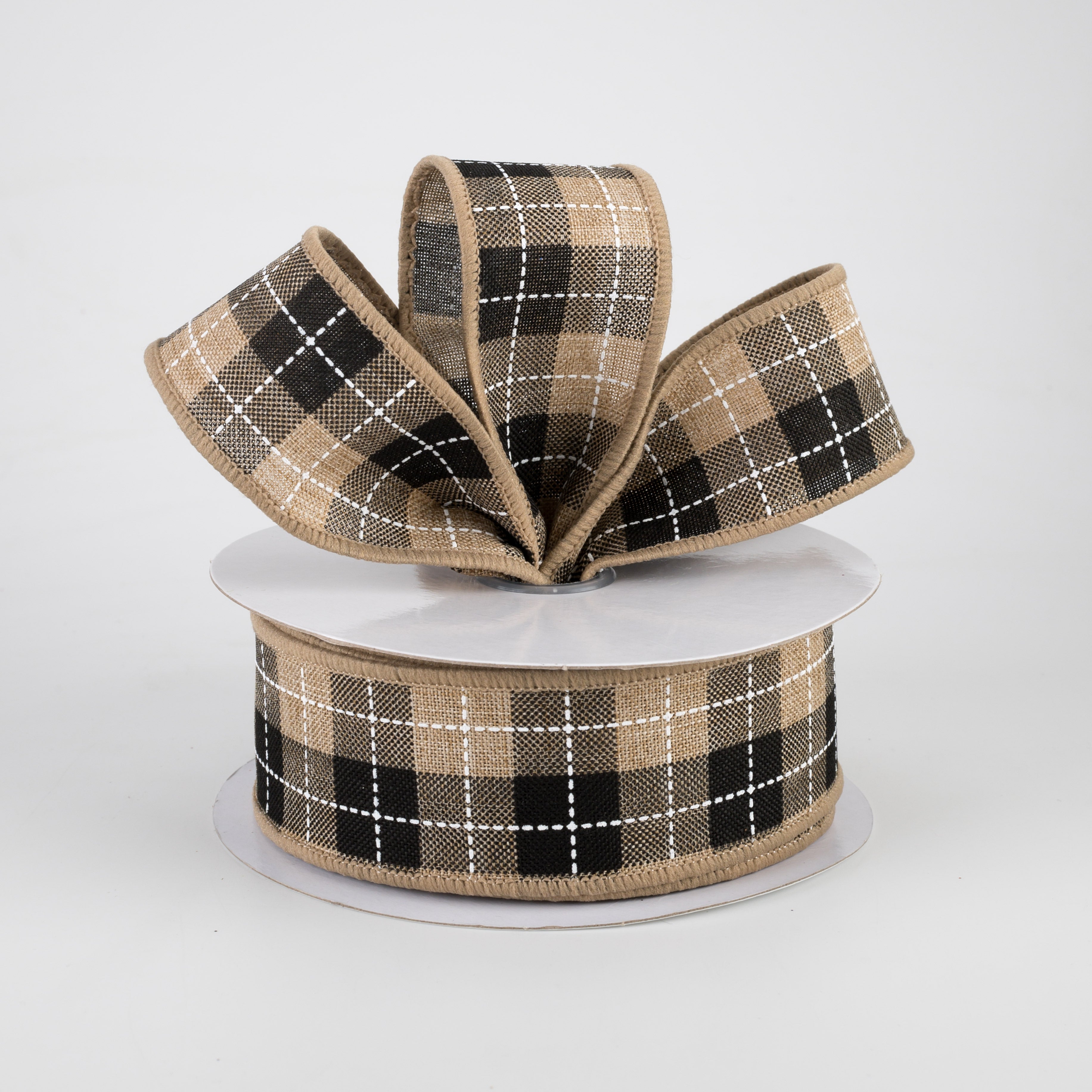 1.5 Inch Printed Woven Check Ribbon - Light Beige, Black & White - 10 Yards Bulk Roll - Perfect for Gift Wrapping, Crafts, Wedding Decorations & DIY Projects