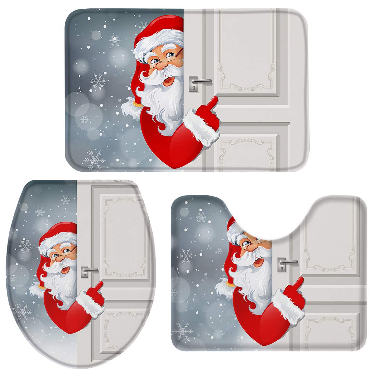 Non-Slip 3-Piece Christmas Bathroom Rug Set - Absorbent Toilet Floor Mat, Washable Door Mat & Santa Claus Toilet Seat Cover | Holiday Bathroom Decor for Home, Gifts