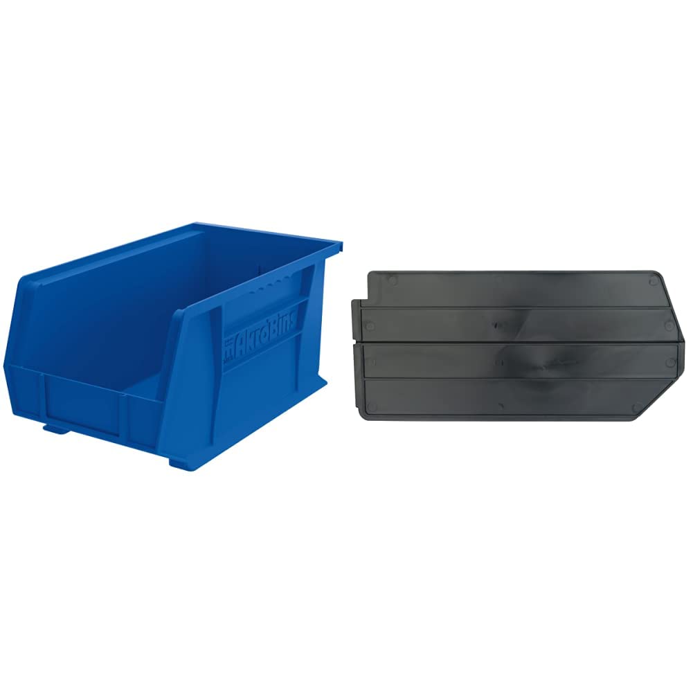 Akro-Mils 30240 AkroBins Plastic Storage Bins - Hanging & Stackable Organizer Containers, Blue (12-Pack) with 40245 Lengthwise Plastic Divider for 30240 & 30245 AkroBins, Black (6-Pack) - Perfect for Garage, Workshop, and Office Storage Organization