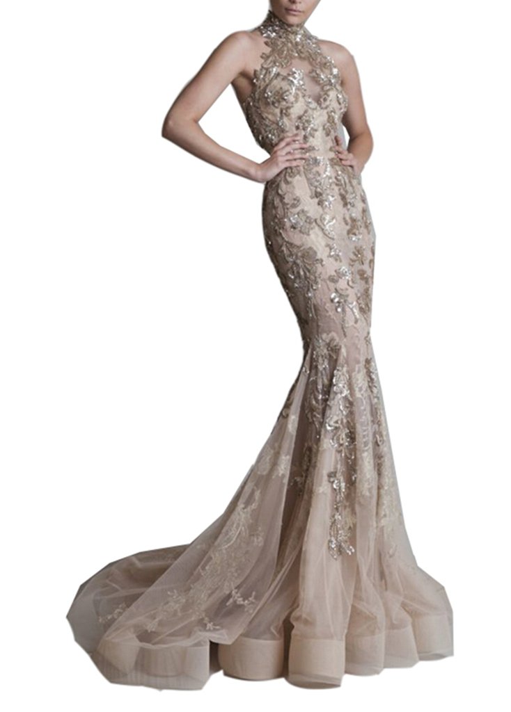 Emanni Women's Halter High Neck Hollow Back Applique Luxury Evening Dresses - Elegant Formal Gowns for Prom, Wedding Guest, Cocktail Party & Black Tie Events