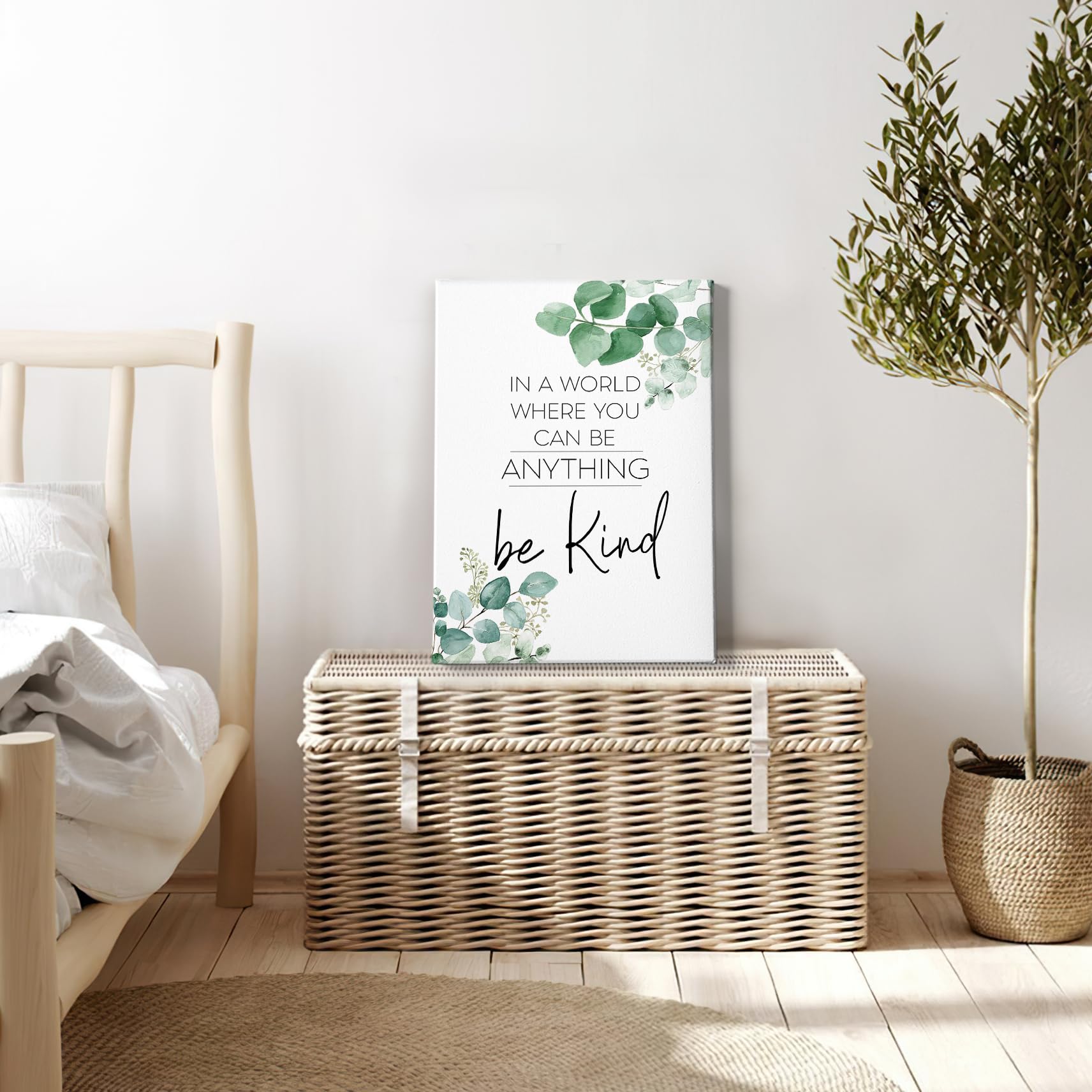 HIWX Be Kind Inspirational Framed Canvas Wall Art - Motivational Office Decor with Eucalyptus Design - 11x14 Inch Positive Sign for Bathroom, Bedroom & Workspace - Uplifting Home & Office Decoration