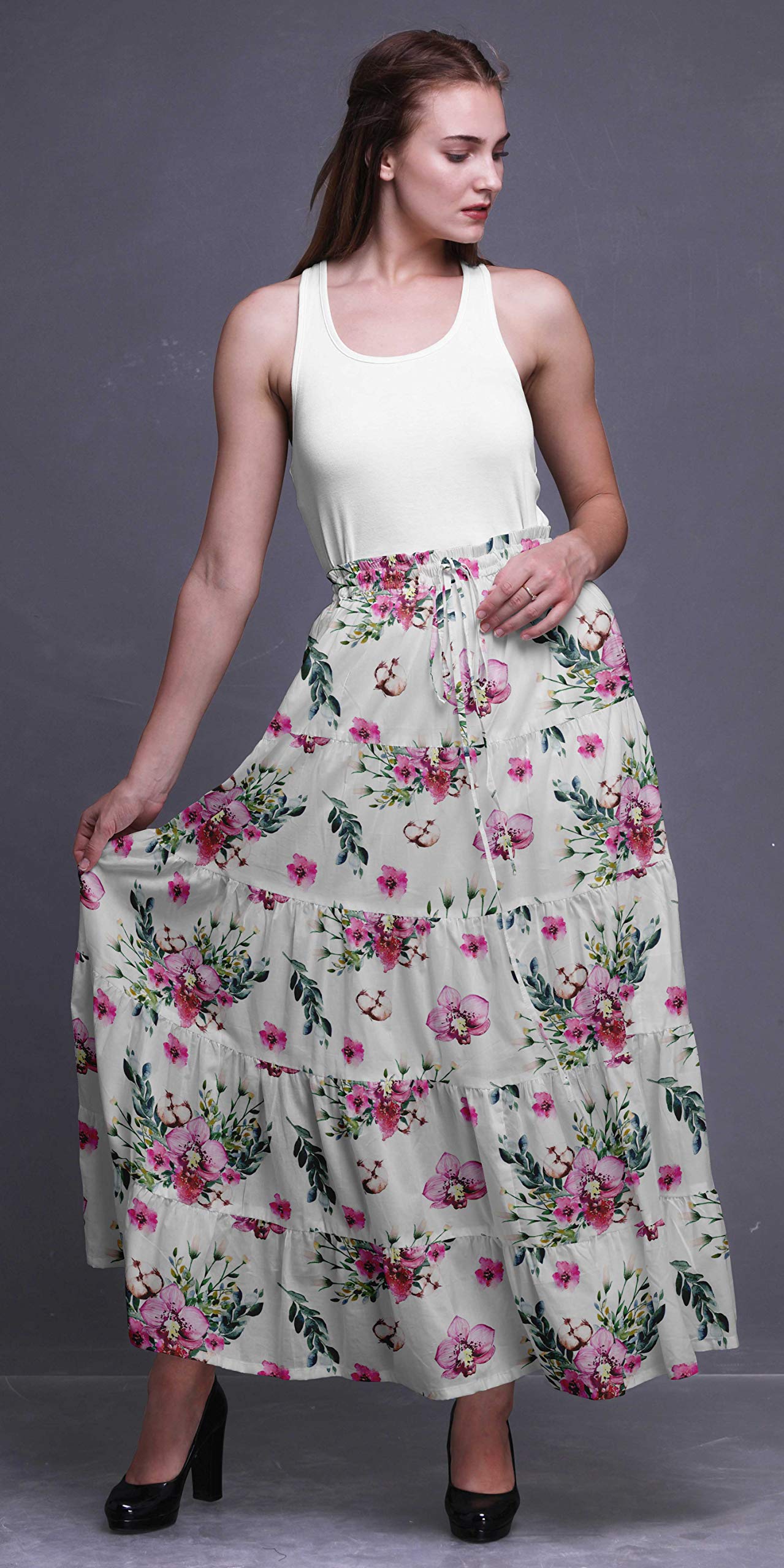 Boho Printed Maxi Skirts for Women - 5-Tier Long Cotton Skirt with Floral Design - Perfect for Beach, Festival & Summer Outfits