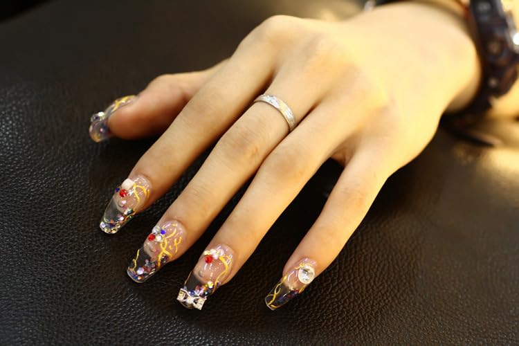 Clear Aquarium False Nail Tips with Orange Cork - Long-Lasting Press-On Nails for Manicures, Parties & Special Occasions
