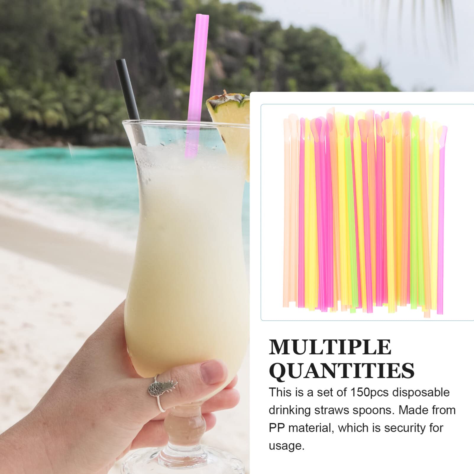150pcs Disposable Spoon Straws - Plastic Snow Cone Spoon Straws for Slushy, Shaved Ice & Smoothies - BPA-Free Mixed Color Drinking Utensils for Parties, Picnics & Summer Treats